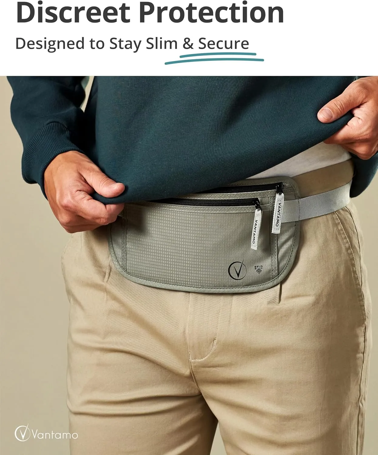 Vantamo Hidden Money Belt For Extra Safety, RFID Ultra-Thin Fanny Pack, 2 Compartment Money Bag Fits Passport & Phone