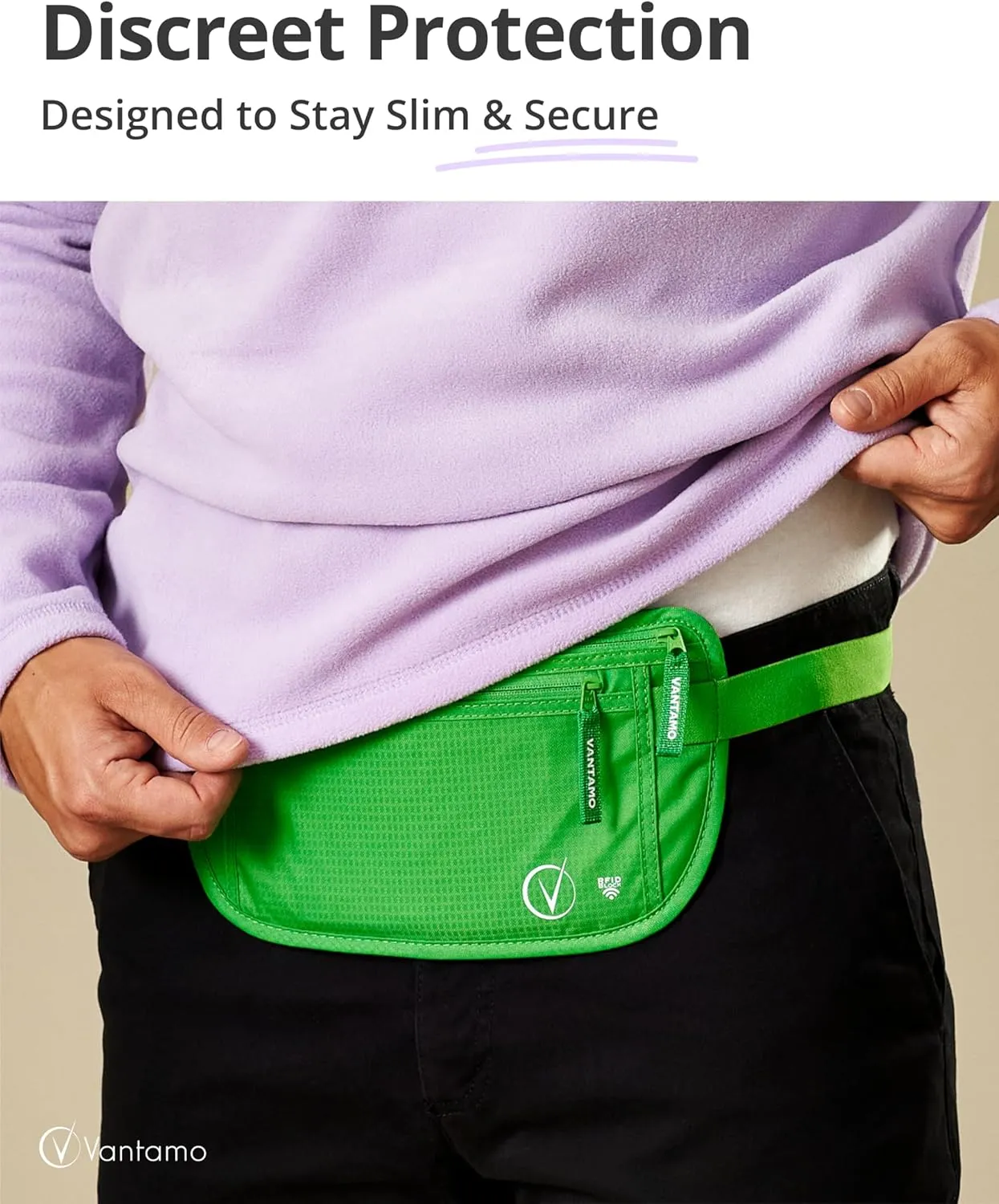 Vantamo Hidden Money Belt For Extra Safety, RFID Ultra-Thin Fanny Pack, 2 Compartment Money Bag Fits Passport & Phone