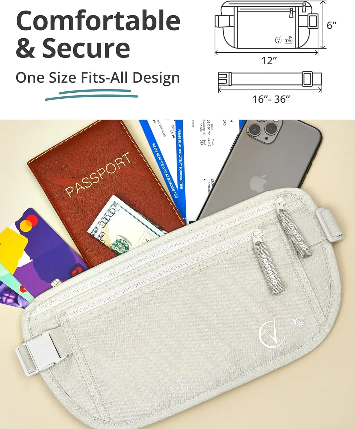 Vantamo Hidden Money Belt For Extra Safety, RFID Ultra-Thin Fanny Pack, 2 Compartment Money Bag Fits Passport & Phone