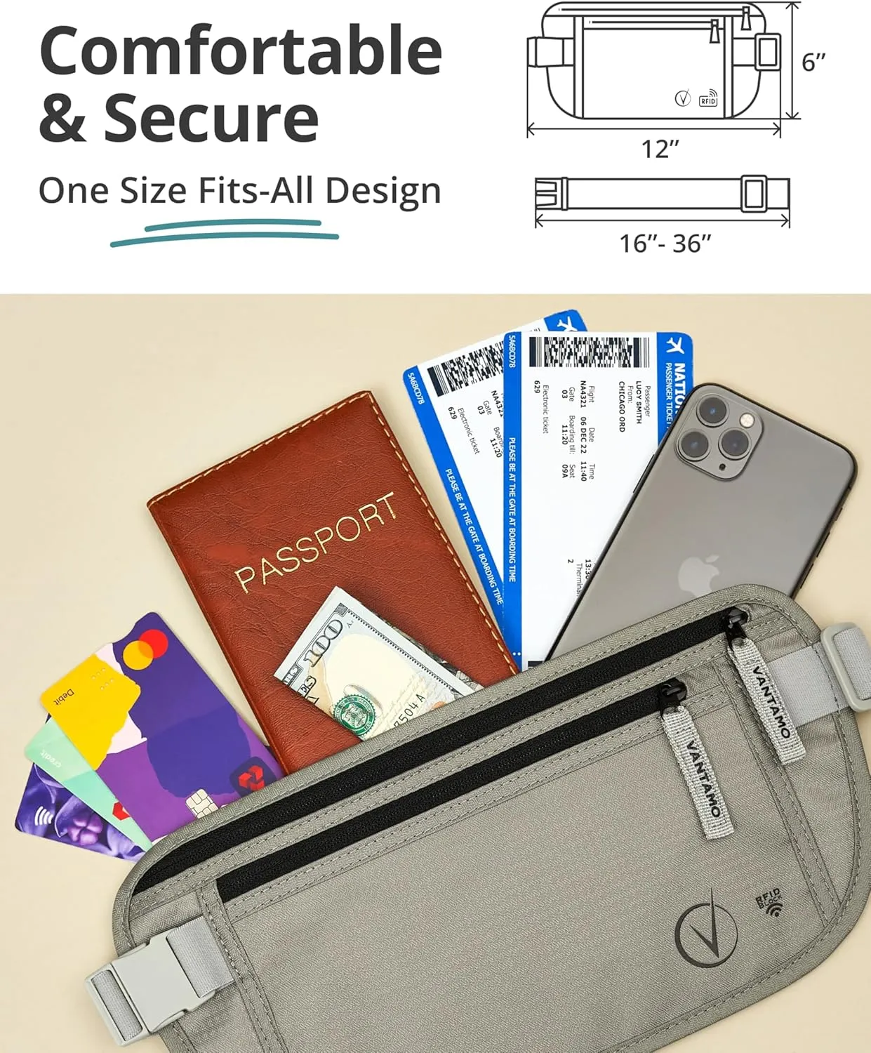 Vantamo Hidden Money Belt For Extra Safety, RFID Ultra-Thin Fanny Pack, 2 Compartment Money Bag Fits Passport & Phone