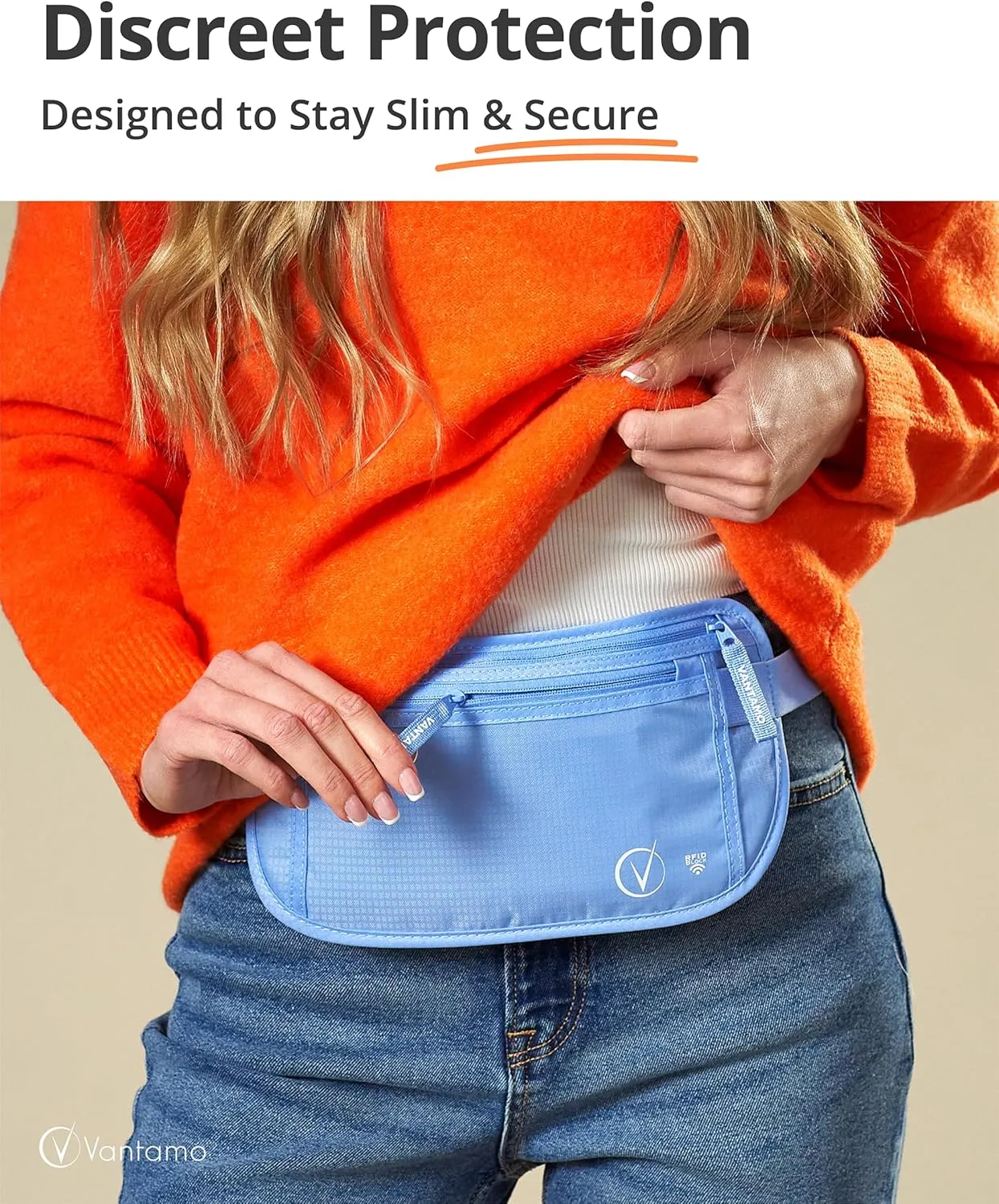 Vantamo Hidden Money Belt For Extra Safety, RFID Ultra-Thin Fanny Pack, 2 Compartment Money Bag Fits Passport & Phone