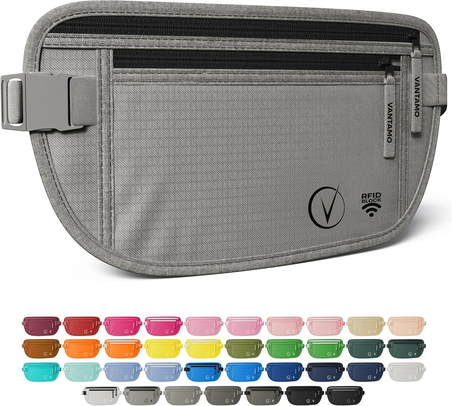 Vantamo Hidden Money Belt For Extra Safety, RFID Ultra-Thin Fanny Pack, 2 Compartment Money Bag Fits Passport & Phone