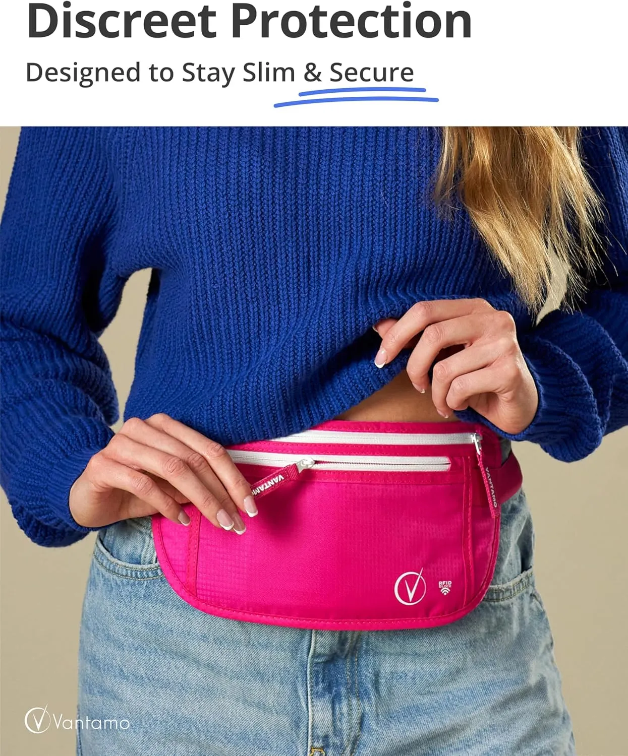 Vantamo Hidden Money Belt For Extra Safety, RFID Ultra-Thin Fanny Pack, 2 Compartment Money Bag Fits Passport & Phone