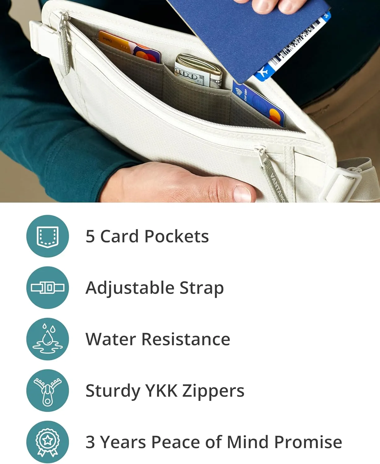 Vantamo Hidden Money Belt For Extra Safety, RFID Ultra-Thin Fanny Pack, 2 Compartment Money Bag Fits Passport & Phone