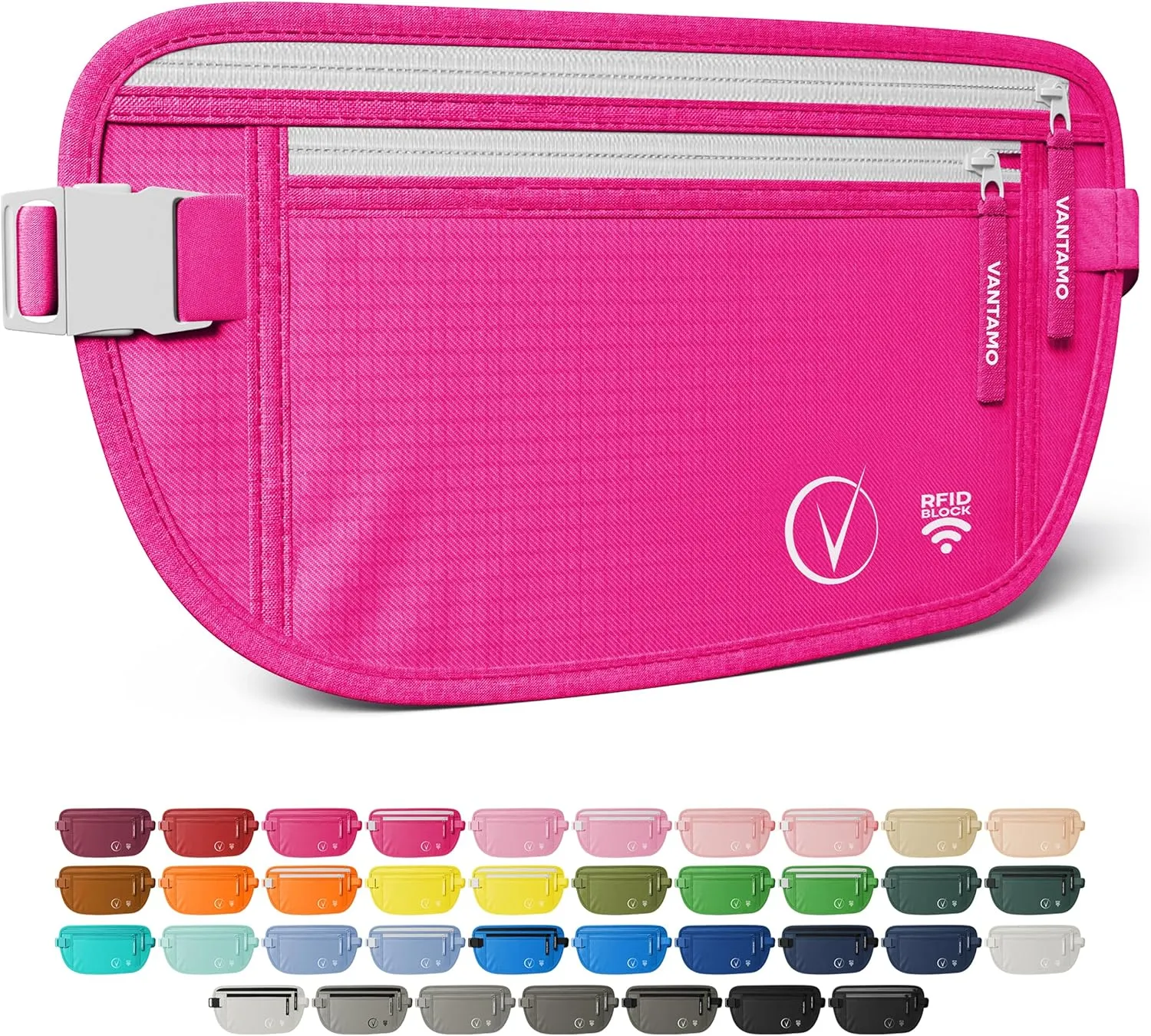 Vantamo Hidden Money Belt For Extra Safety, RFID Ultra-Thin Fanny Pack, 2 Compartment Money Bag Fits Passport & Phone