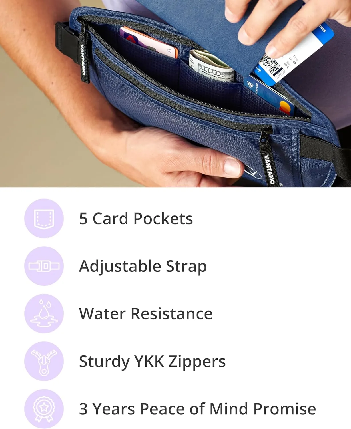 Vantamo Hidden Money Belt For Extra Safety, RFID Ultra-Thin Fanny Pack, 2 Compartment Money Bag Fits Passport & Phone