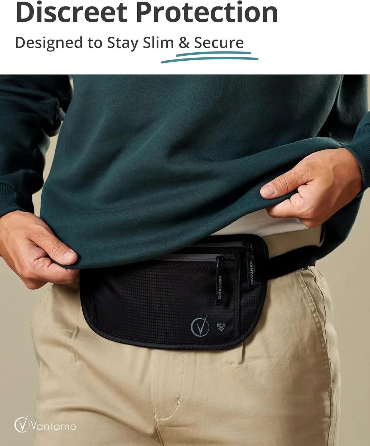 Vantamo Hidden Money Belt For Extra Safety, RFID Ultra-Thin Fanny Pack, 2 Compartment Money Bag Fits Passport & Phone
