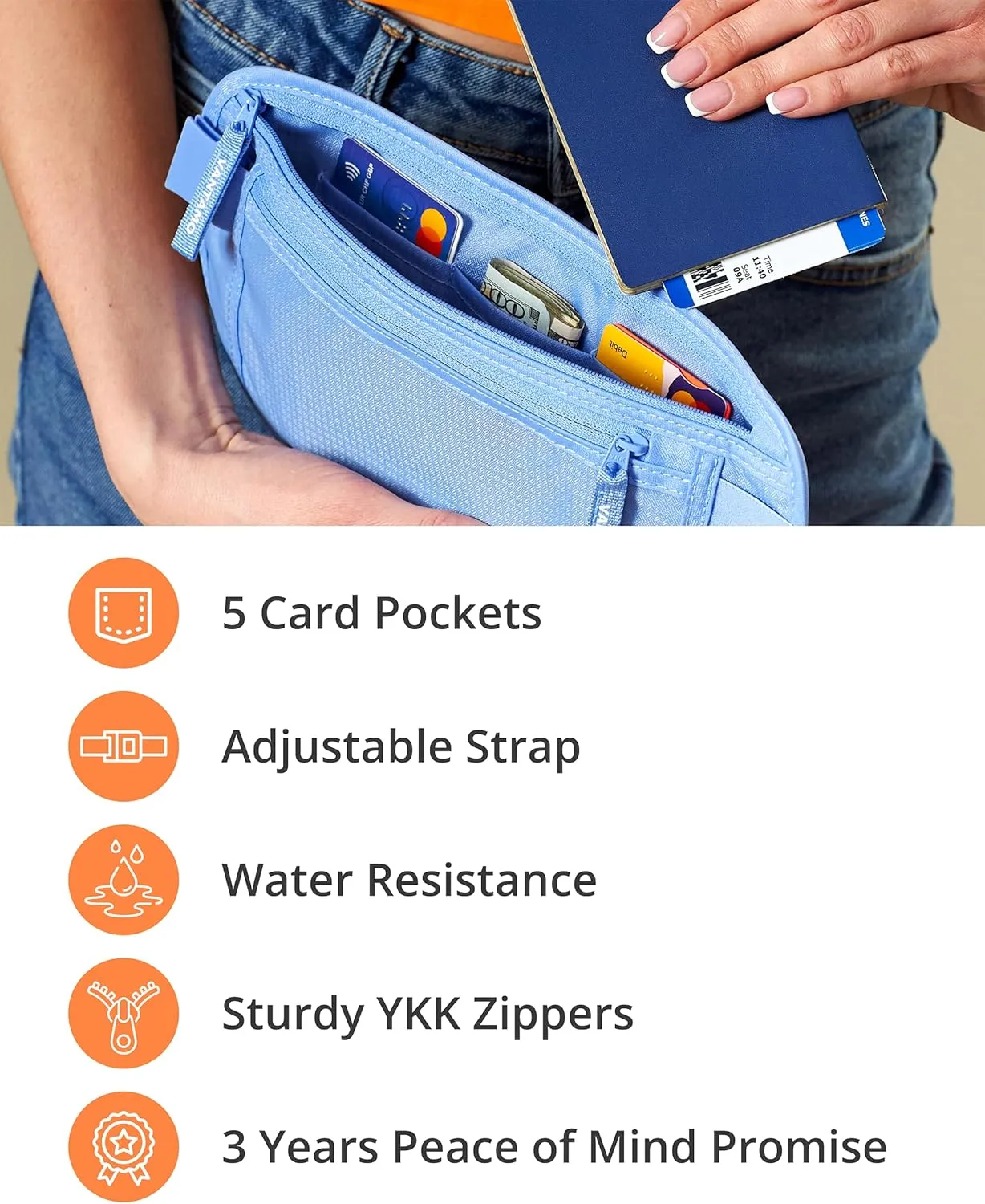 Vantamo Hidden Money Belt For Extra Safety, RFID Ultra-Thin Fanny Pack, 2 Compartment Money Bag Fits Passport & Phone