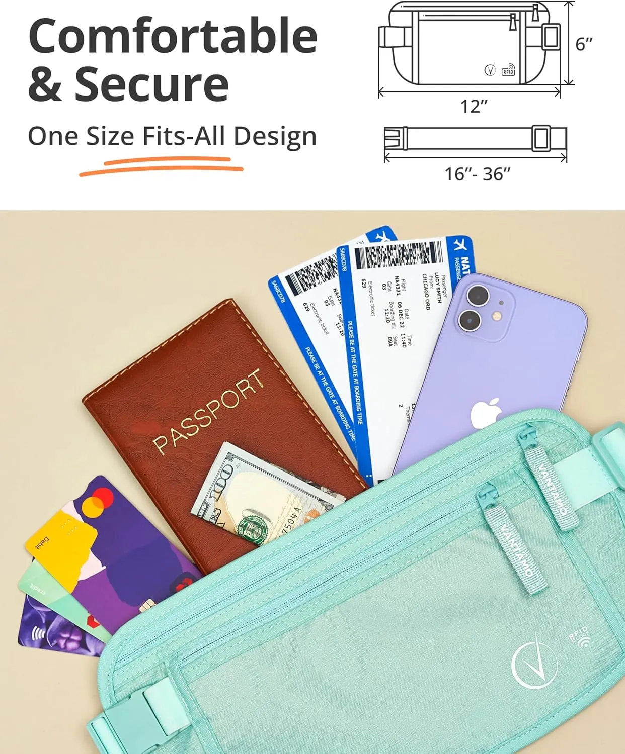 Vantamo Hidden Money Belt For Extra Safety, RFID Ultra-Thin Fanny Pack, 2 Compartment Money Bag Fits Passport & Phone