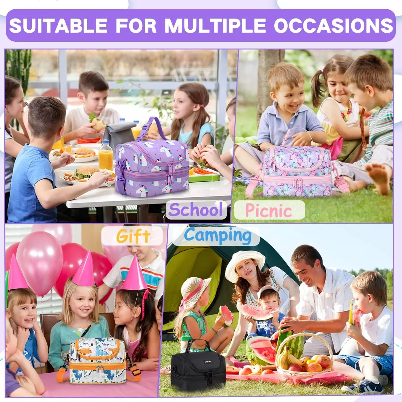 VASCHY Lunch Box Bag Kids, Insulated Two Compartments Cooler Bags Girls/Women w Shoulder Strap for School,Daycare,Kindergarten,Picnic Unicorn