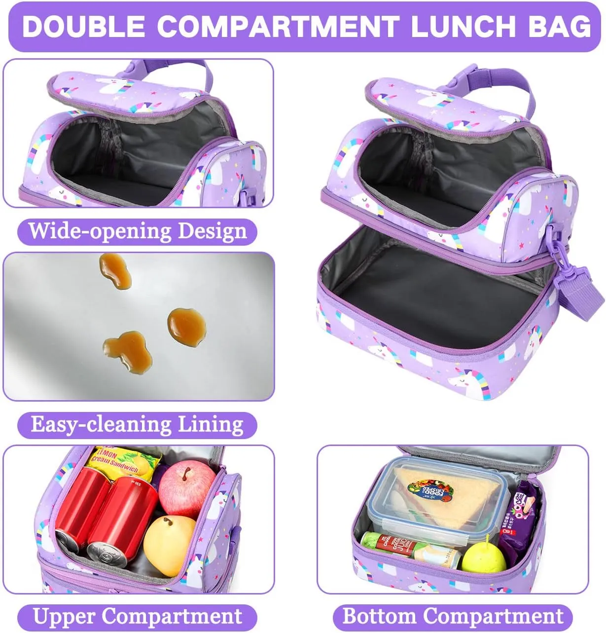 VASCHY Lunch Box Bag Kids, Insulated Two Compartments Cooler Bags Girls/Women w Shoulder Strap for School,Daycare,Kindergarten,Picnic Unicorn