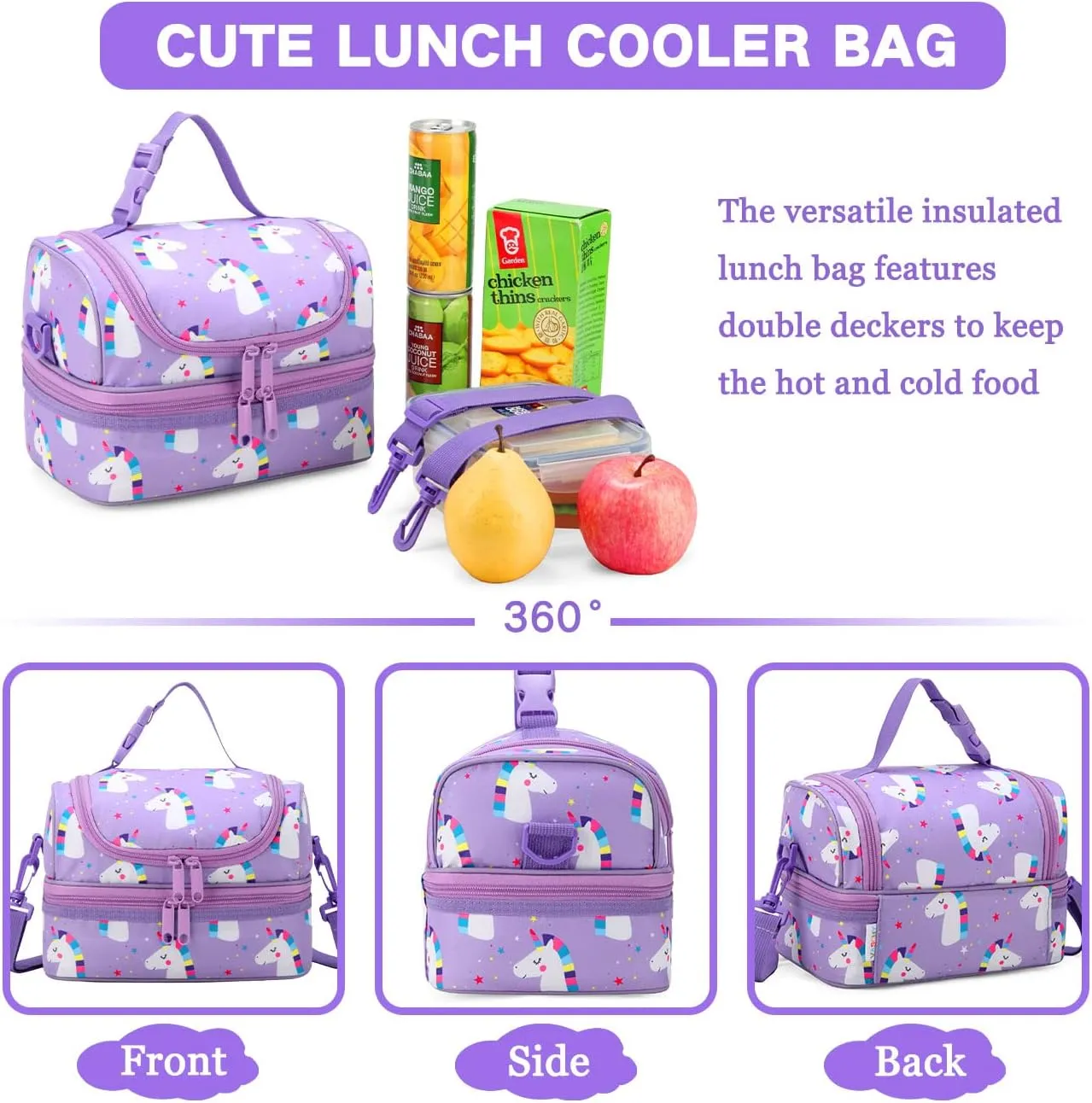 VASCHY Lunch Box Bag Kids, Insulated Two Compartments Cooler Bags Girls/Women w Shoulder Strap for School,Daycare,Kindergarten,Picnic Unicorn