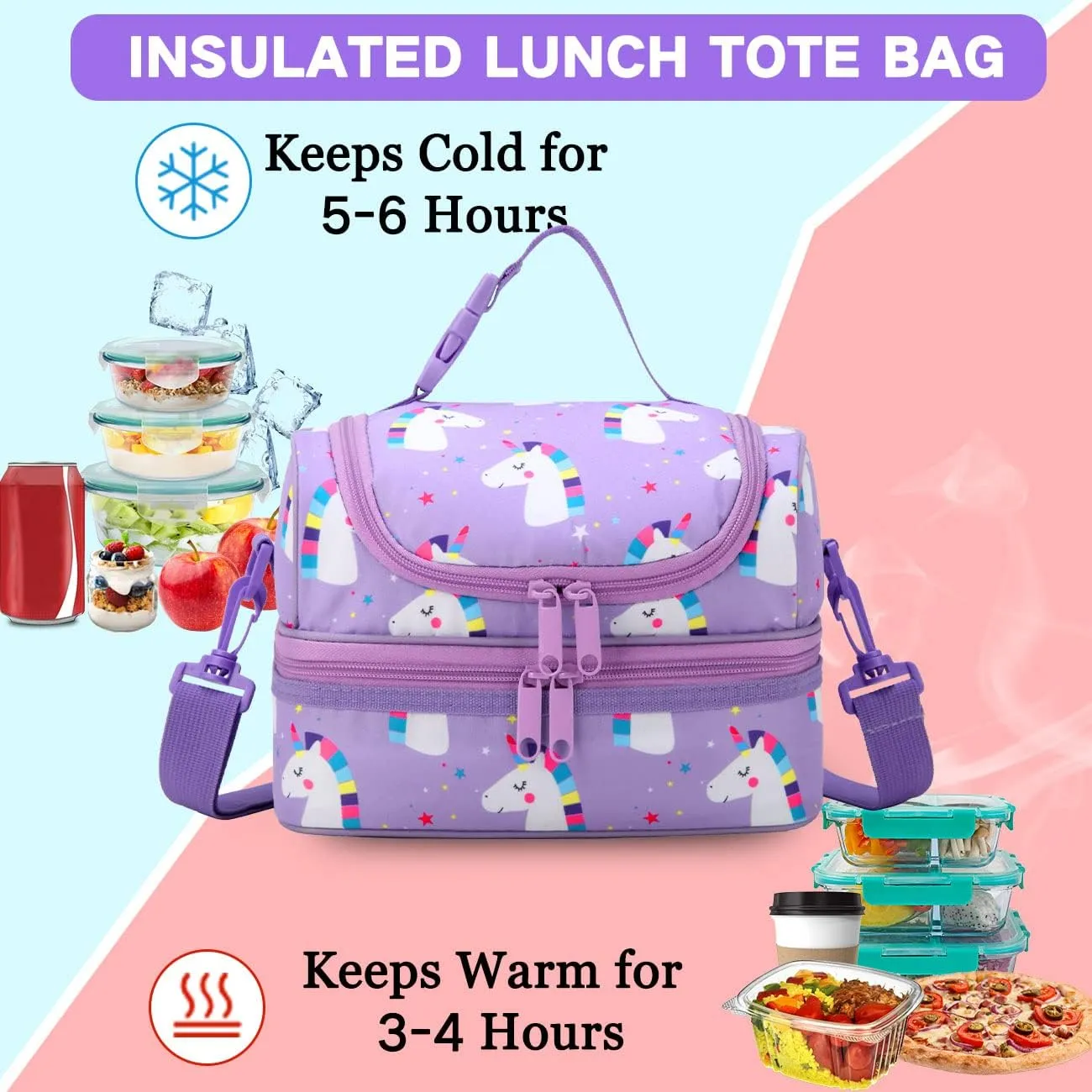 VASCHY Lunch Box Bag Kids, Insulated Two Compartments Cooler Bags Girls/Women w Shoulder Strap for School,Daycare,Kindergarten,Picnic Unicorn