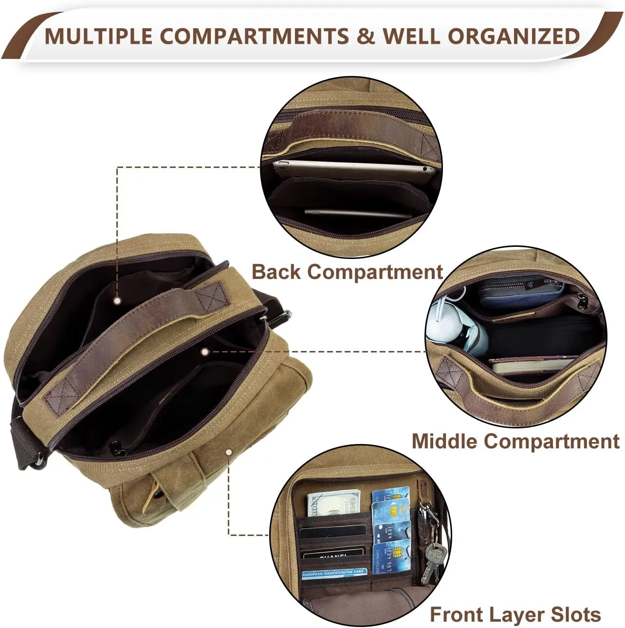 VASCHY Messenger Bag Small, Canvas Water Resistant Crossbody Shoulder Bag Purse for Men and Women