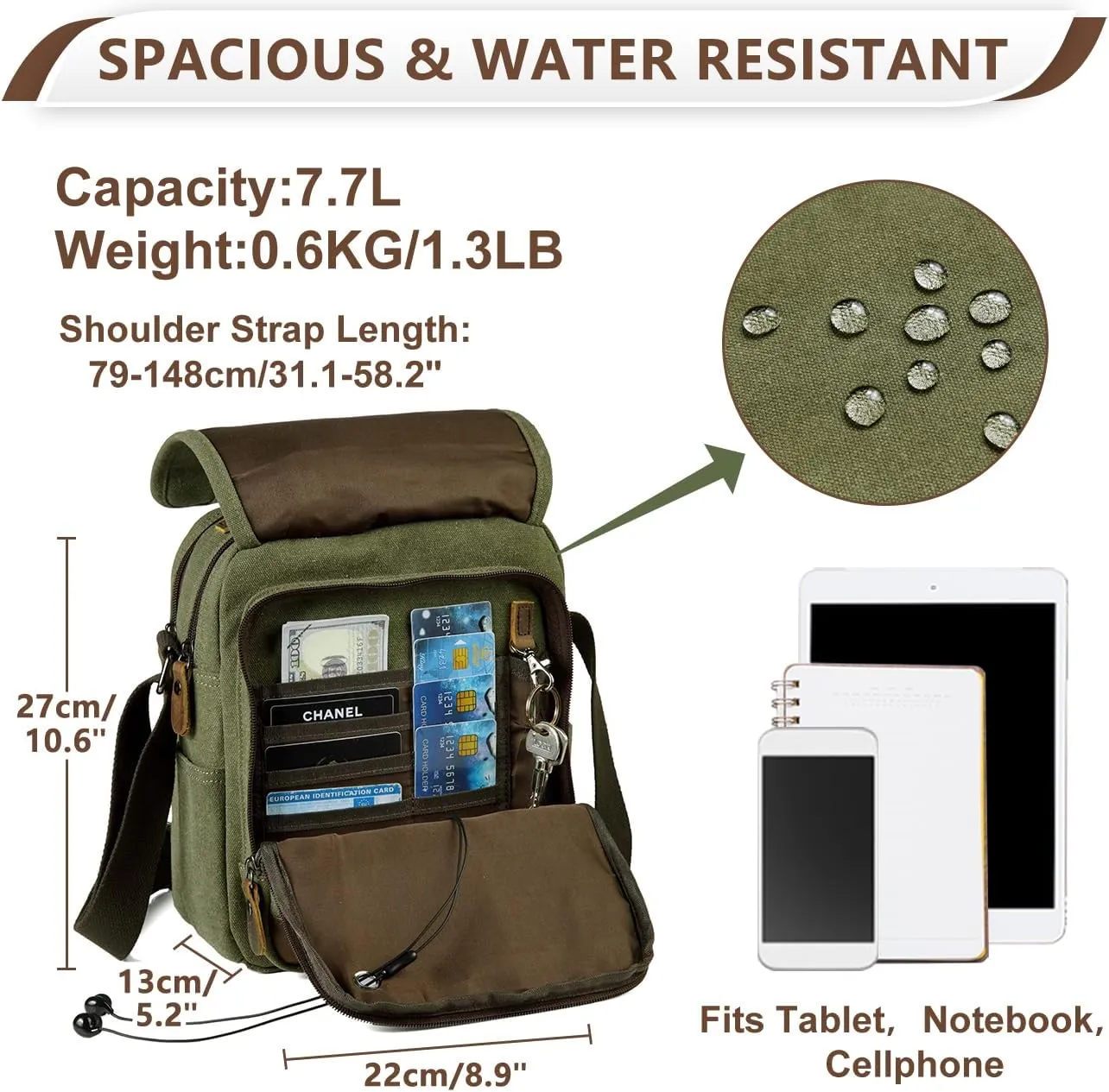 VASCHY Messenger Bag Small, Canvas Water Resistant Crossbody Shoulder Bag Purse for Men and Women