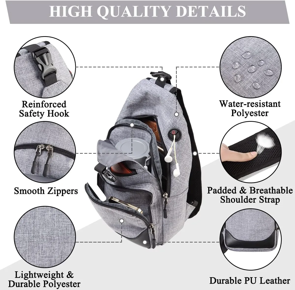 VASCHY Sling Bag for Men Women, One Strap Over the Shoulder Cross Body Backpack Chest Bag for Hiking/Travel/Outdoor