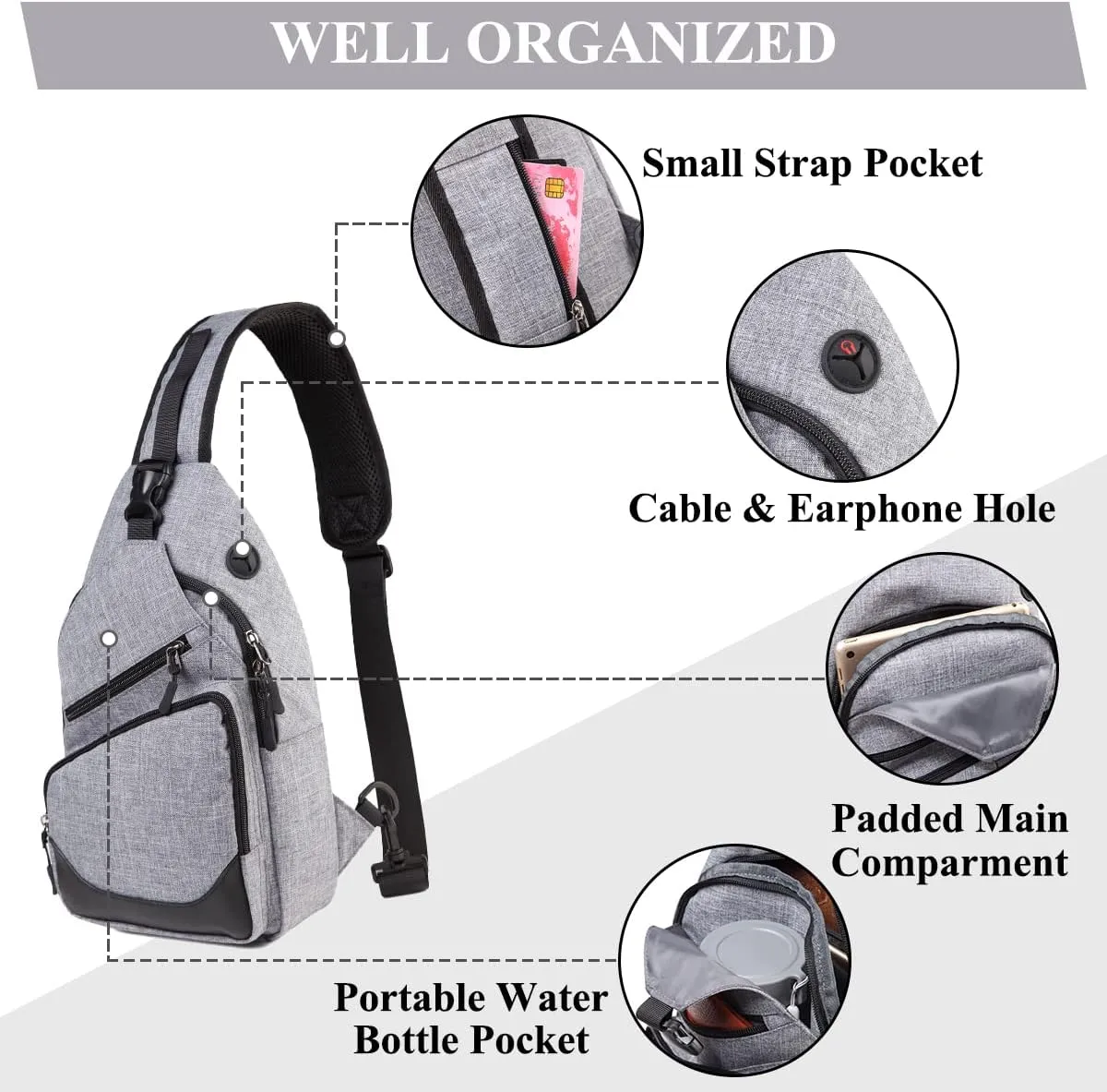 VASCHY Sling Bag for Men Women, One Strap Over the Shoulder Cross Body Backpack Chest Bag for Hiking/Travel/Outdoor