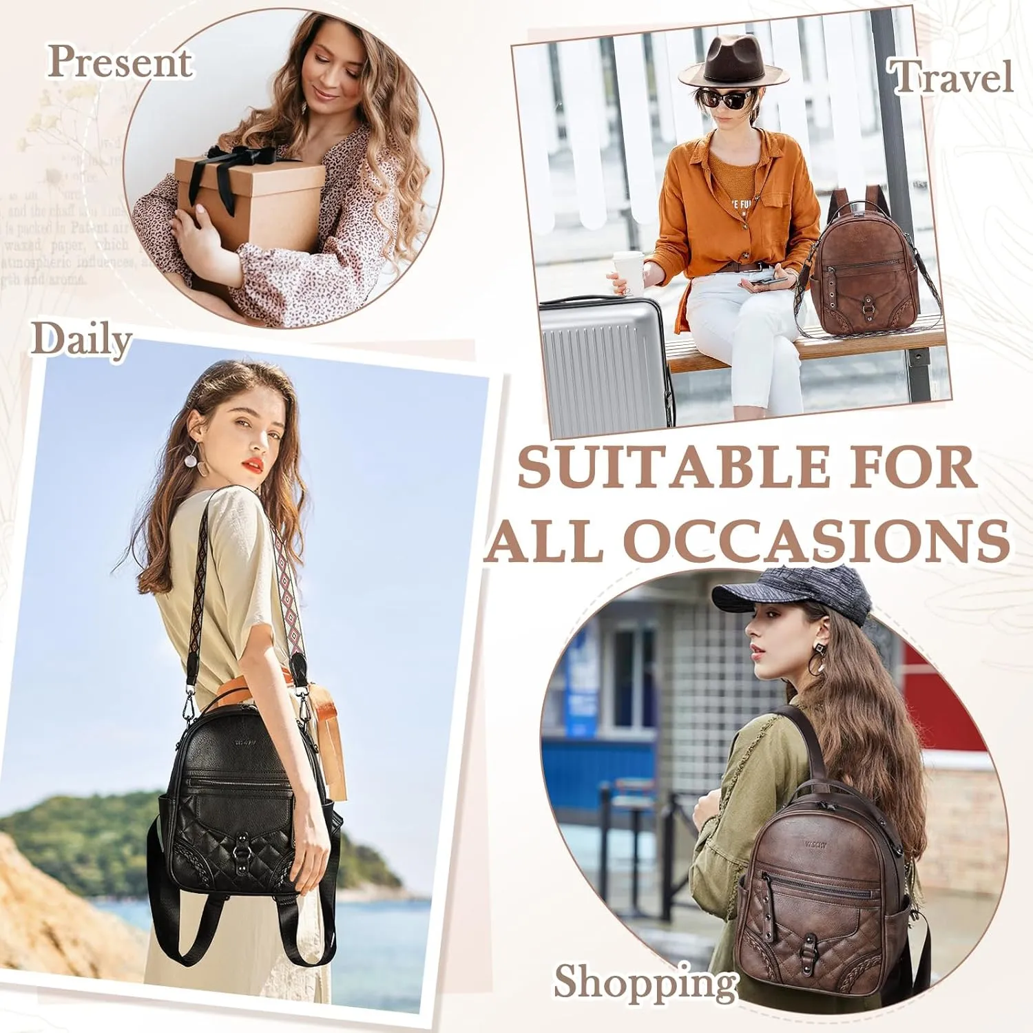 VASCHY Small Backpack Purse for Women, Cute Vegen Leather Mini Backpack for Lady with Guitar Shoulder Bag Handbag Strap Brown