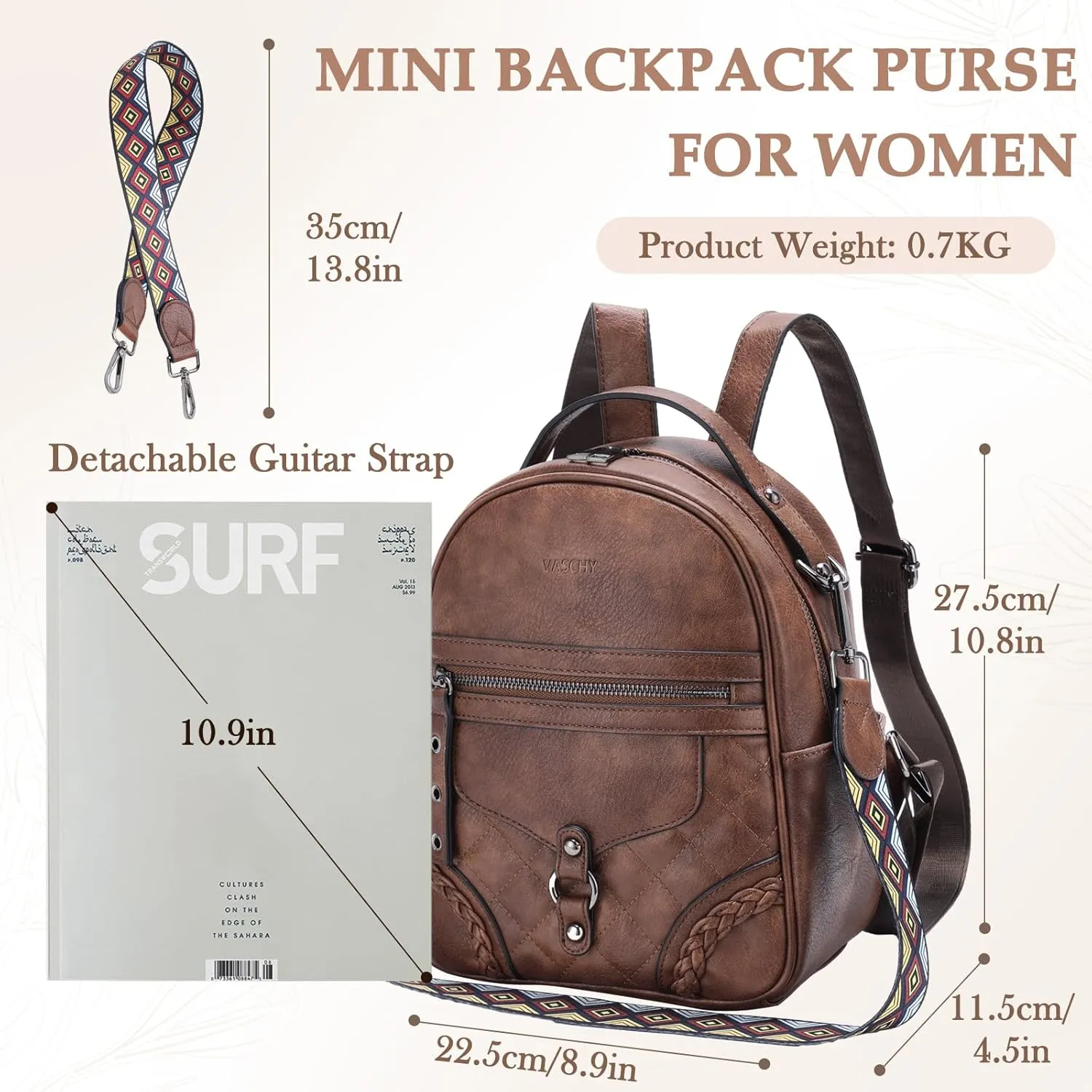 VASCHY Small Backpack Purse for Women, Cute Vegen Leather Mini Backpack for Lady with Guitar Shoulder Bag Handbag Strap Brown
