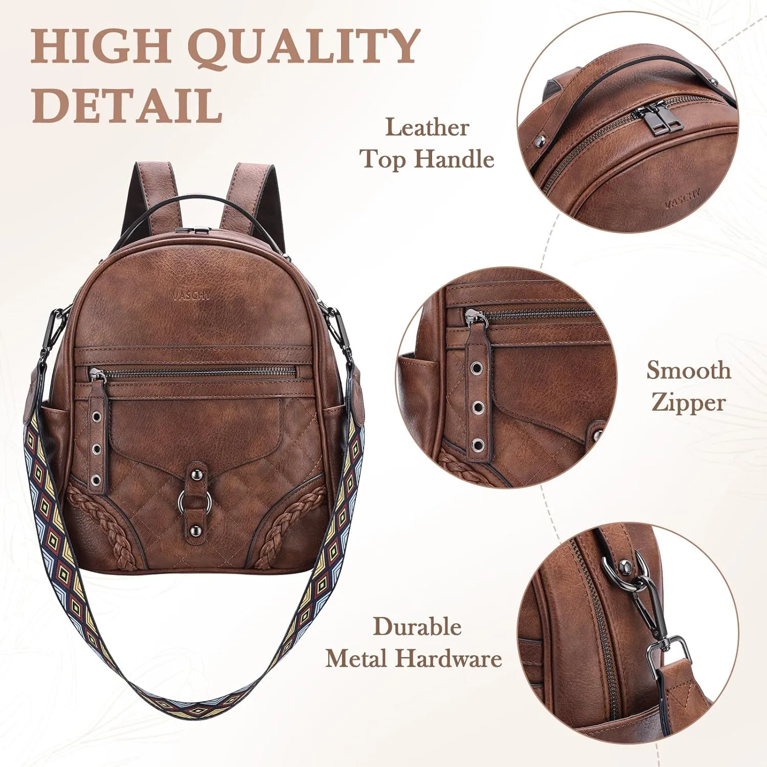 VASCHY Small Backpack Purse for Women, Cute Vegen Leather Mini Backpack for Lady with Guitar Shoulder Bag Handbag Strap Brown