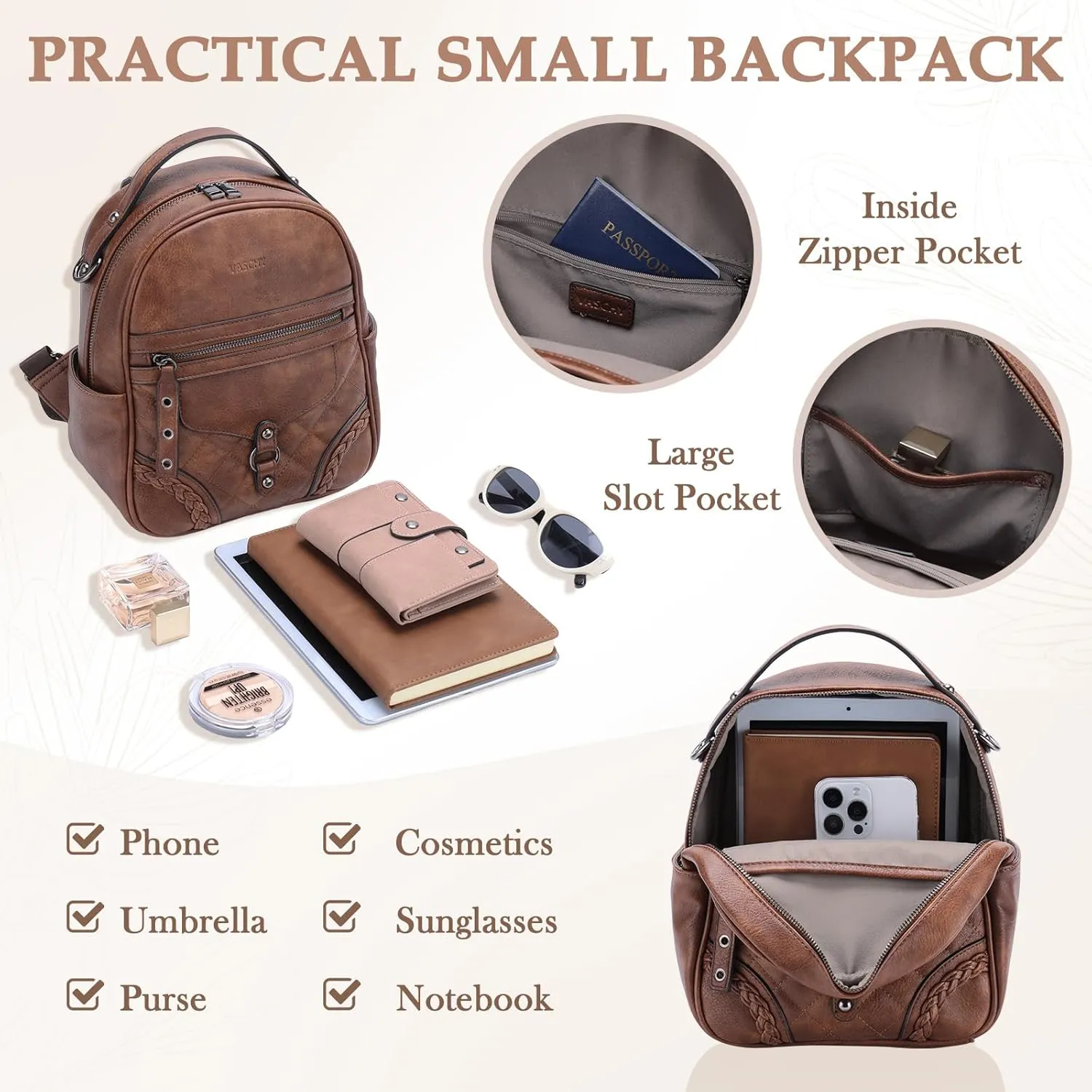 VASCHY Small Backpack Purse for Women, Cute Vegen Leather Mini Backpack for Lady with Guitar Shoulder Bag Handbag Strap Brown
