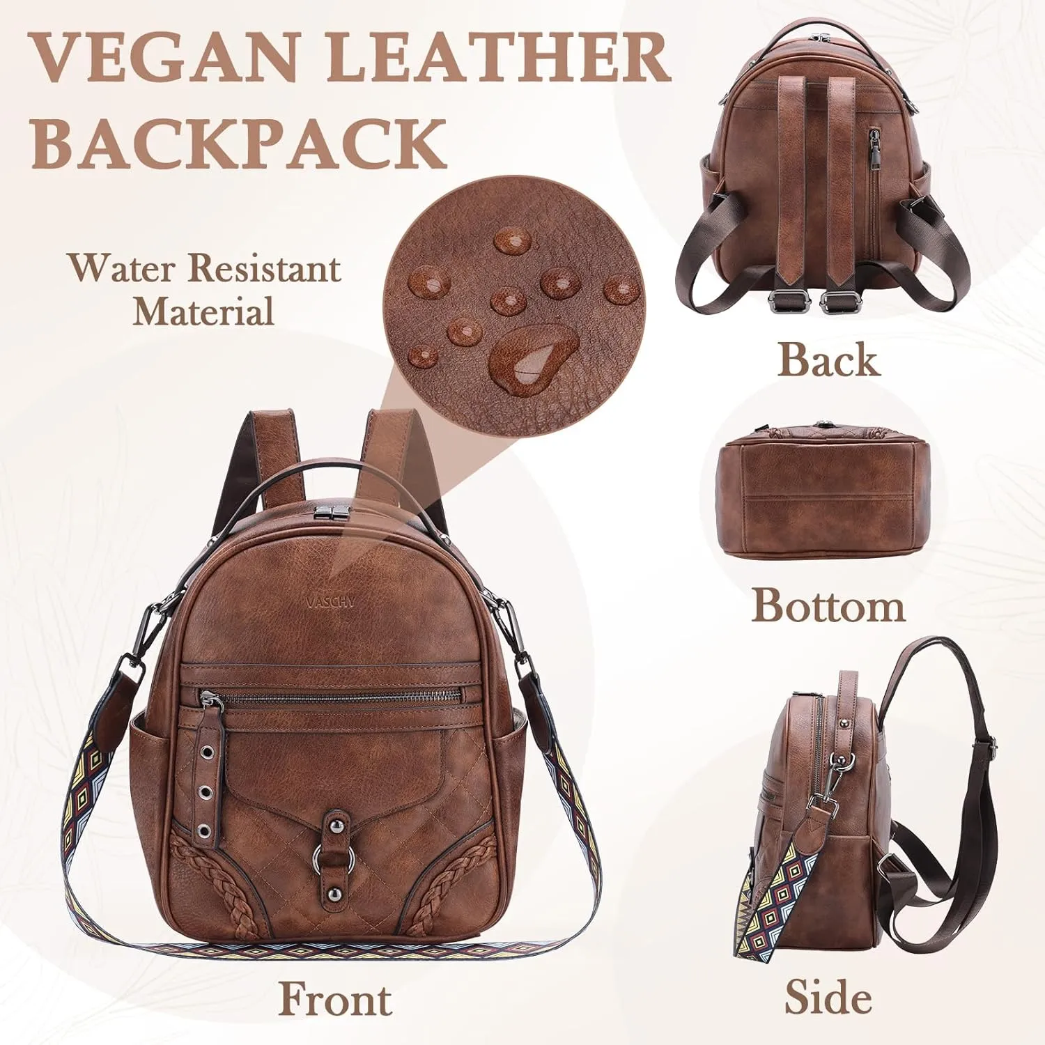 VASCHY Small Backpack Purse for Women, Cute Vegen Leather Mini Backpack for Lady with Guitar Shoulder Bag Handbag Strap Brown