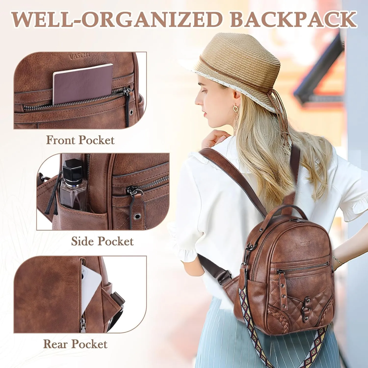 VASCHY Small Backpack Purse for Women, Cute Vegen Leather Mini Backpack for Lady with Guitar Shoulder Bag Handbag Strap Brown