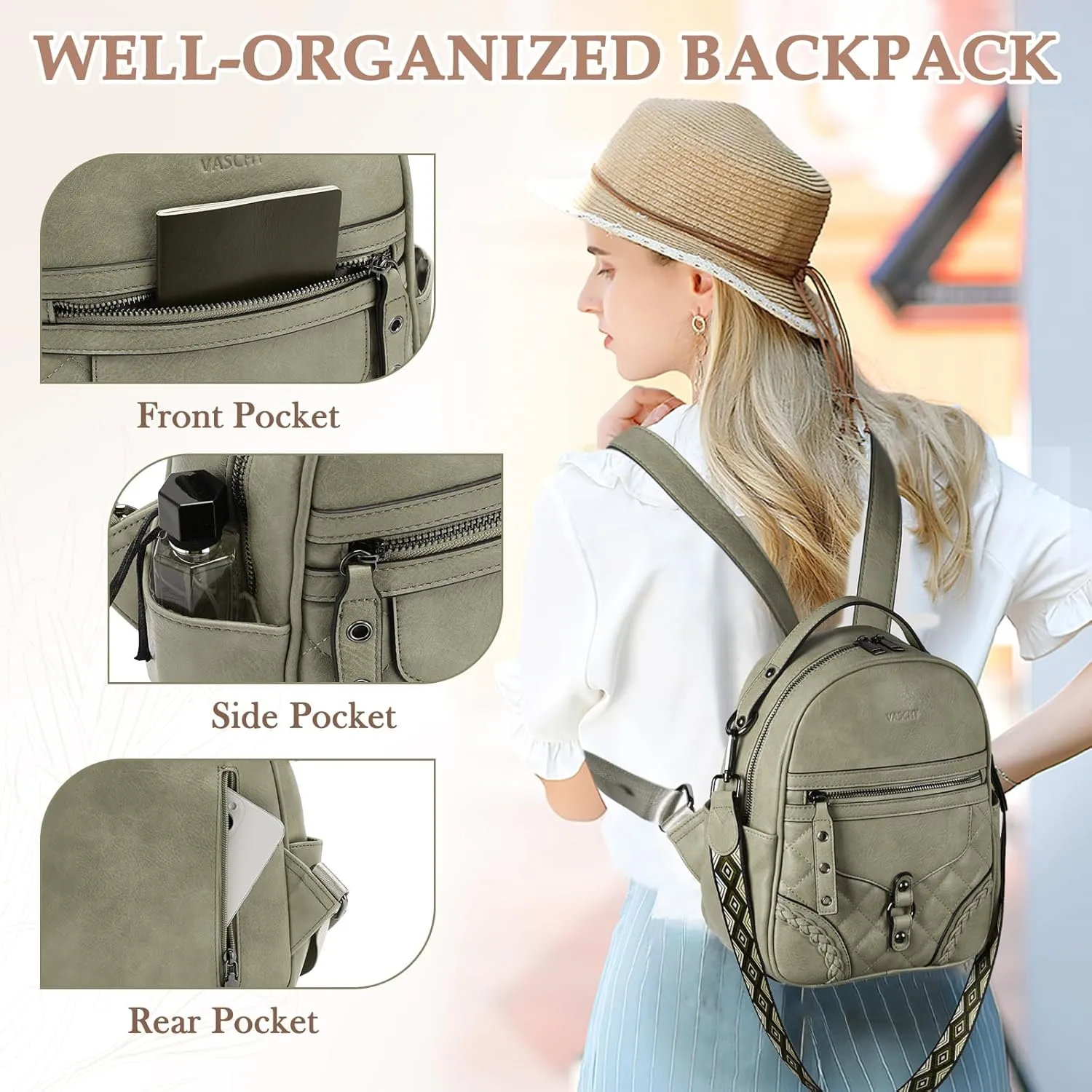 VASCHY Small Backpack Purse for Women, Cute Vegen Leather Mini Backpack for Lady with Guitar Shoulder Bag Handbag Strap Light Green