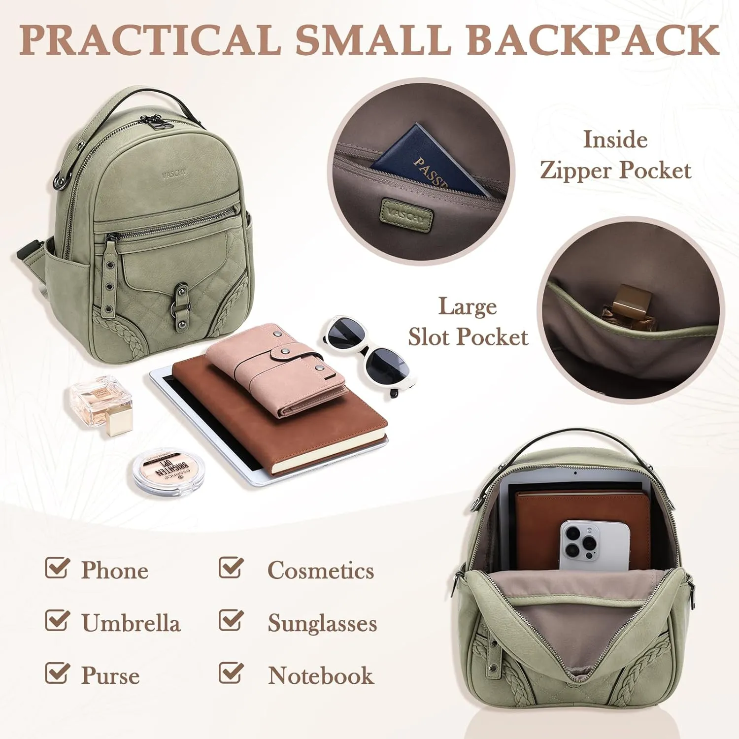 VASCHY Small Backpack Purse for Women, Cute Vegen Leather Mini Backpack for Lady with Guitar Shoulder Bag Handbag Strap Light Green