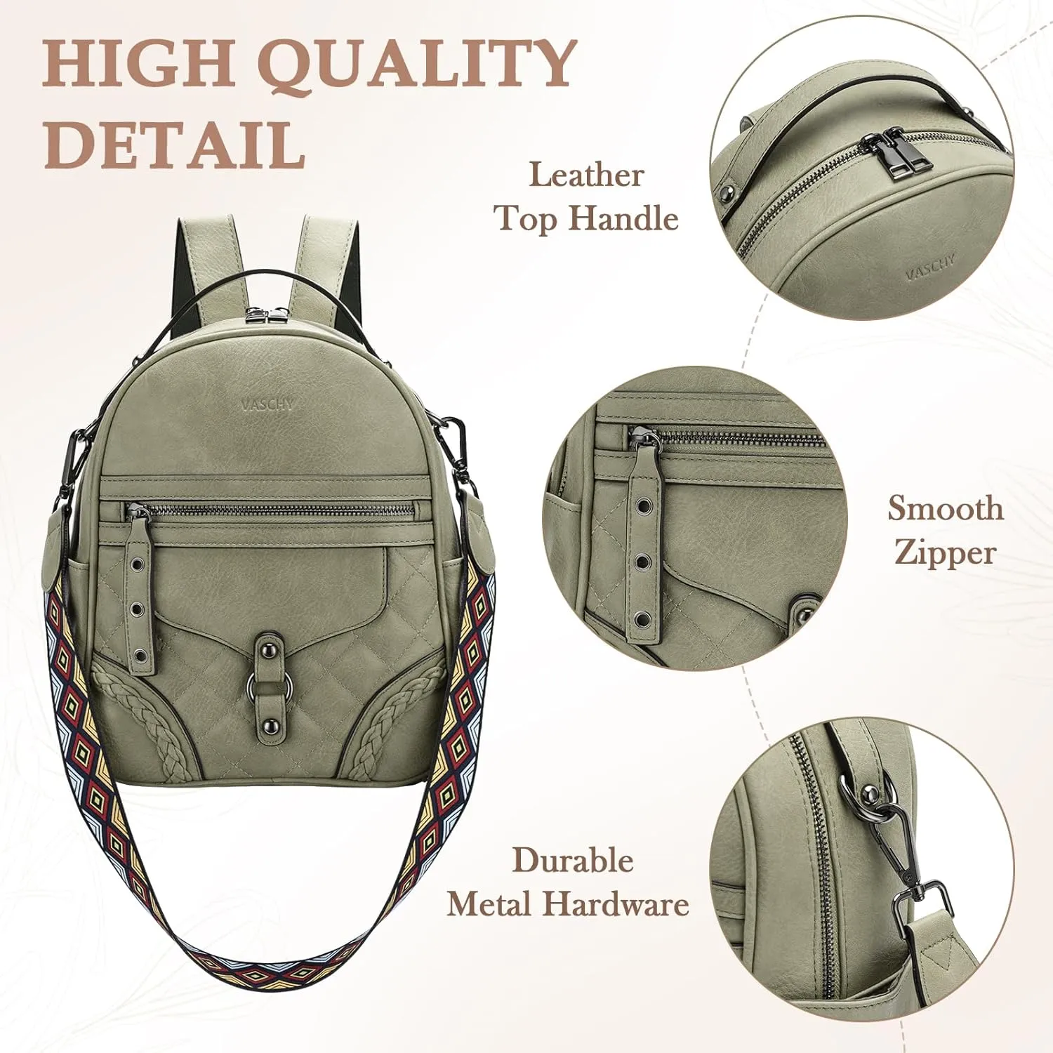 VASCHY Small Backpack Purse for Women, Cute Vegen Leather Mini Backpack for Lady with Guitar Shoulder Bag Handbag Strap Light Green
