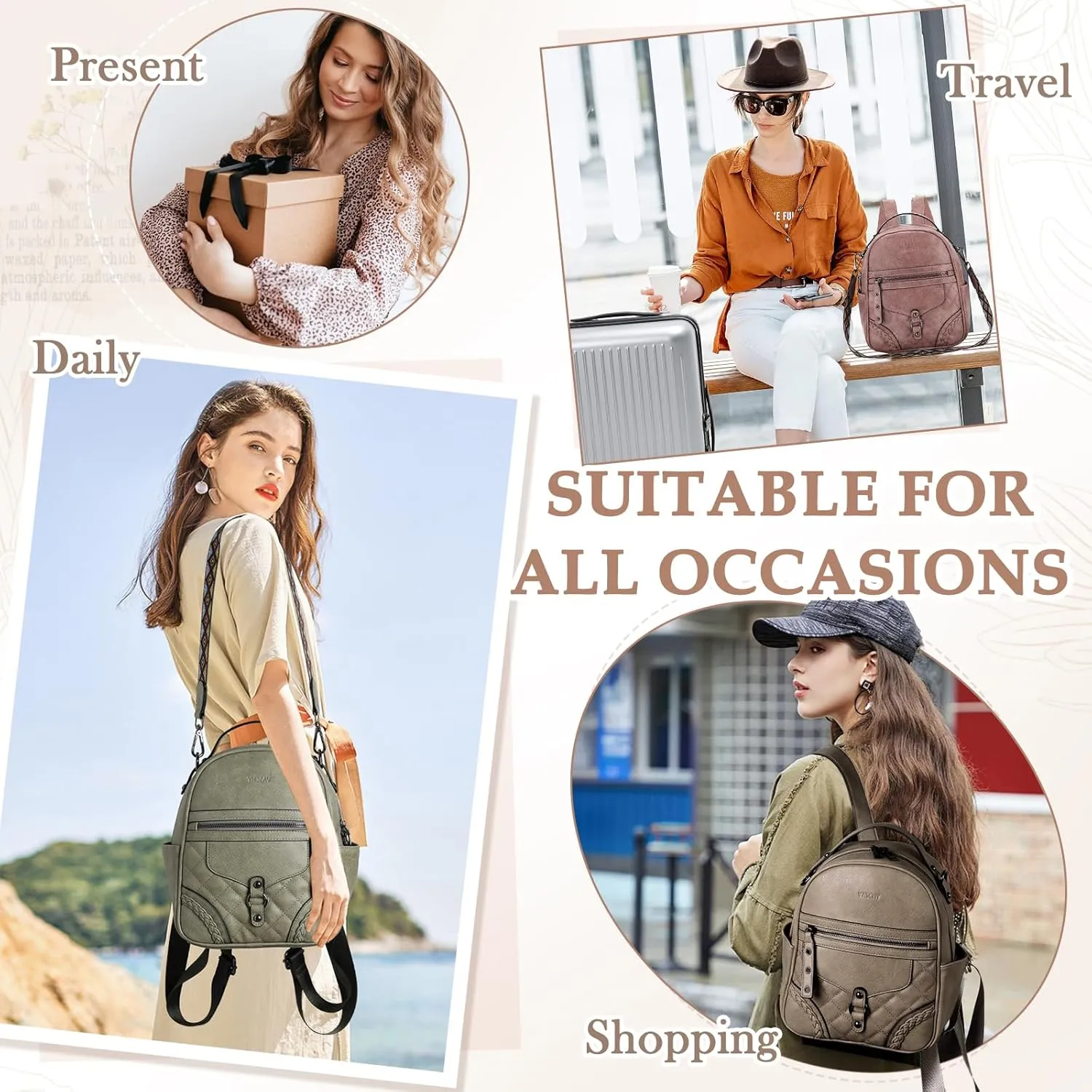 VASCHY Small Backpack Purse for Women, Cute Vegen Leather Mini Backpack for Lady with Guitar Shoulder Bag Handbag Strap Light Green