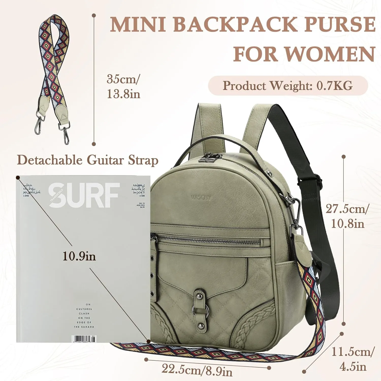 VASCHY Small Backpack Purse for Women, Cute Vegen Leather Mini Backpack for Lady with Guitar Shoulder Bag Handbag Strap Light Green