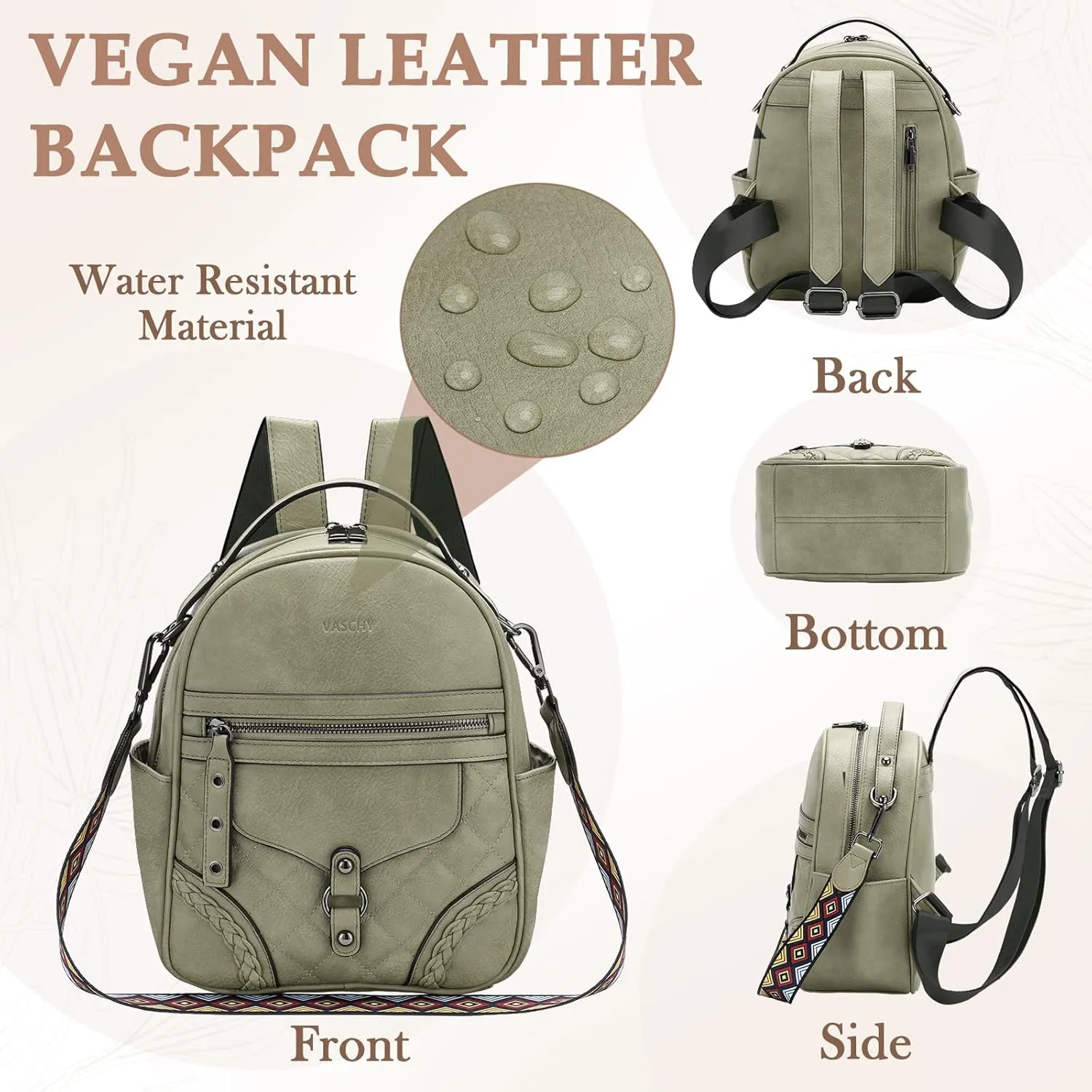 VASCHY Small Backpack Purse for Women, Cute Vegen Leather Mini Backpack for Lady with Guitar Shoulder Bag Handbag Strap Light Green