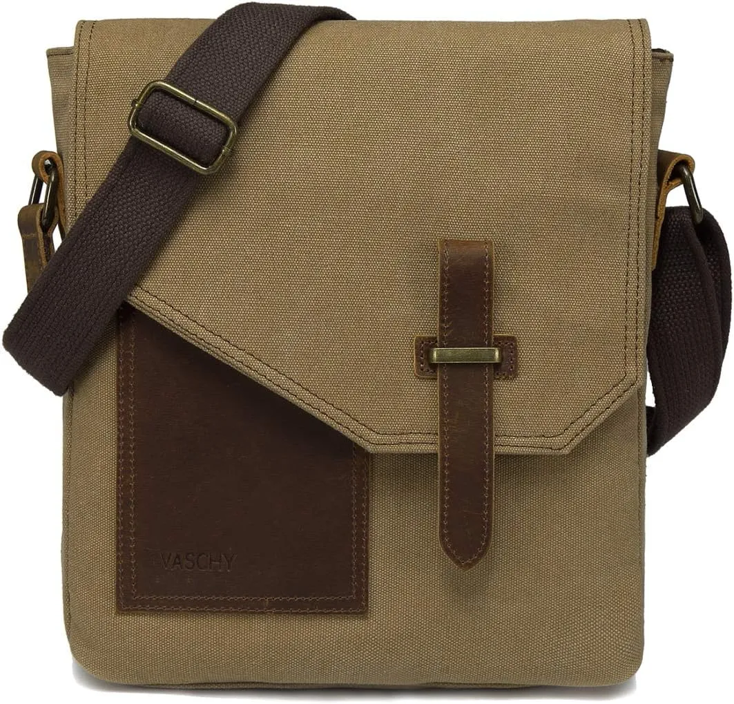 VASCHY Small Messenger Bag, Vintage Canvas Leather Lightweight Crossbody Bag