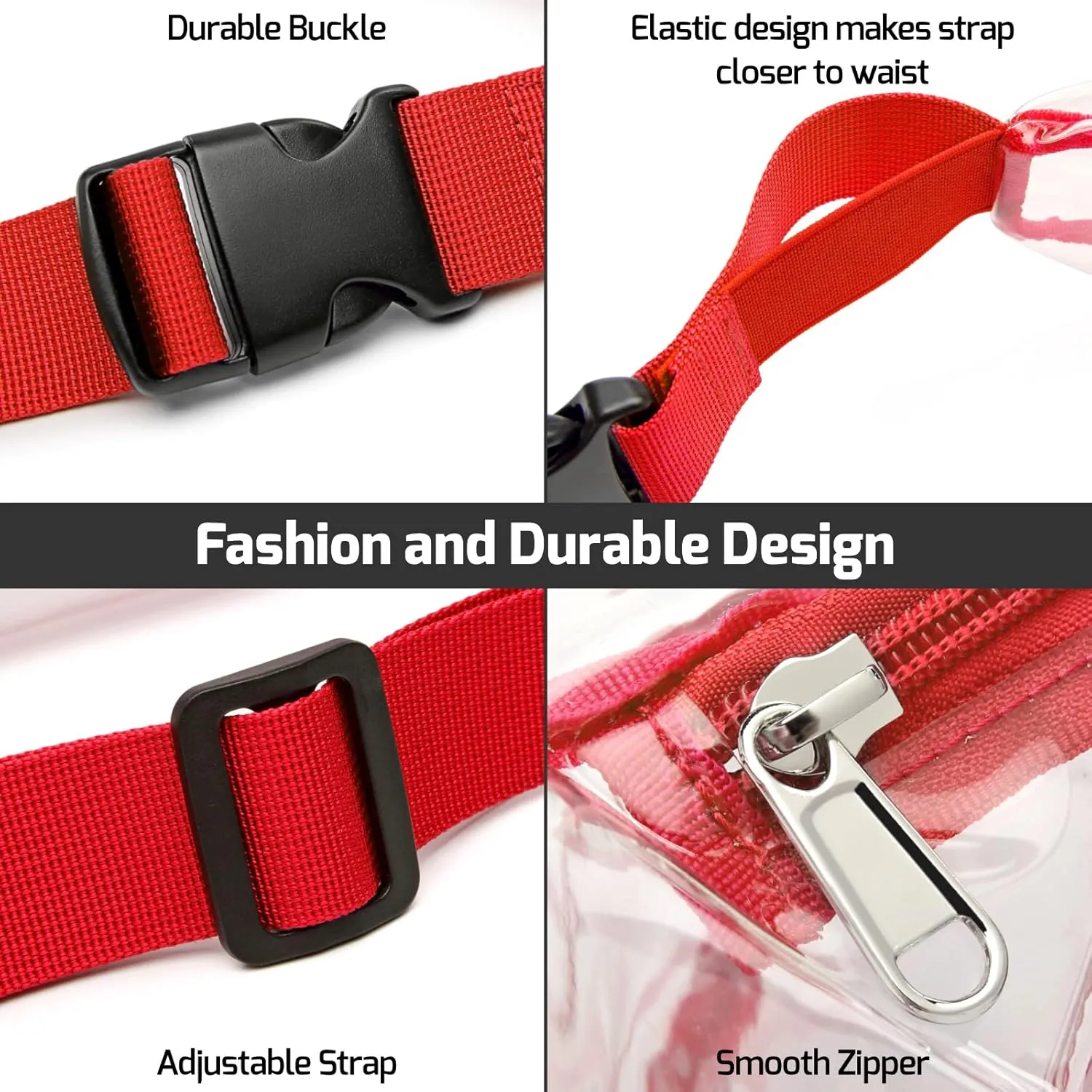 Veckle Clear Fanny Pack Stadium Approved - Adjustable Belt Bag for Women Fits Sport Events, Travel, Beach, Concerts, Stadium Waist Bag (for age 12 or above), Red