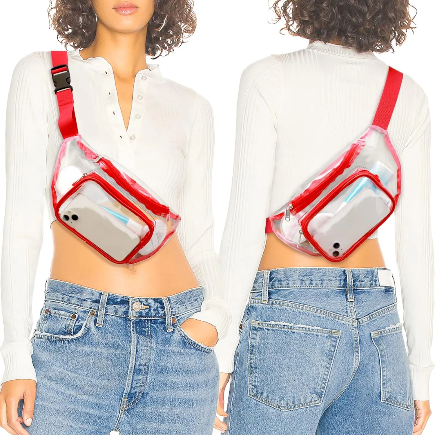 Veckle Clear Fanny Pack Stadium Approved - Adjustable Belt Bag for Women Fits Sport Events, Travel, Beach, Concerts, Stadium Waist Bag (for age 12 or above), Red