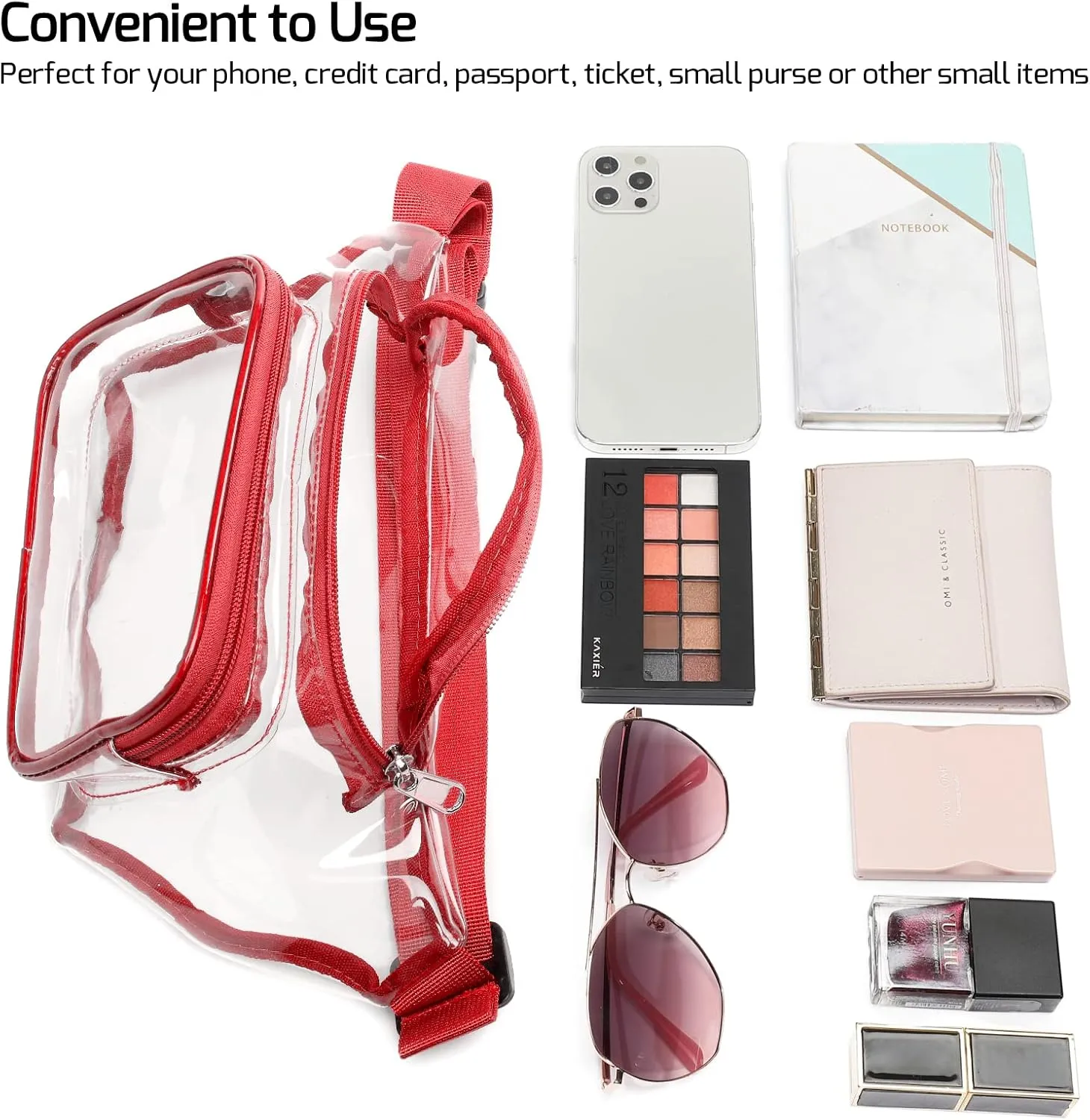 Veckle Clear Fanny Pack Stadium Approved - Adjustable Belt Bag for Women Fits Sport Events, Travel, Beach, Concerts, Stadium Waist Bag (for age 12 or above), Red