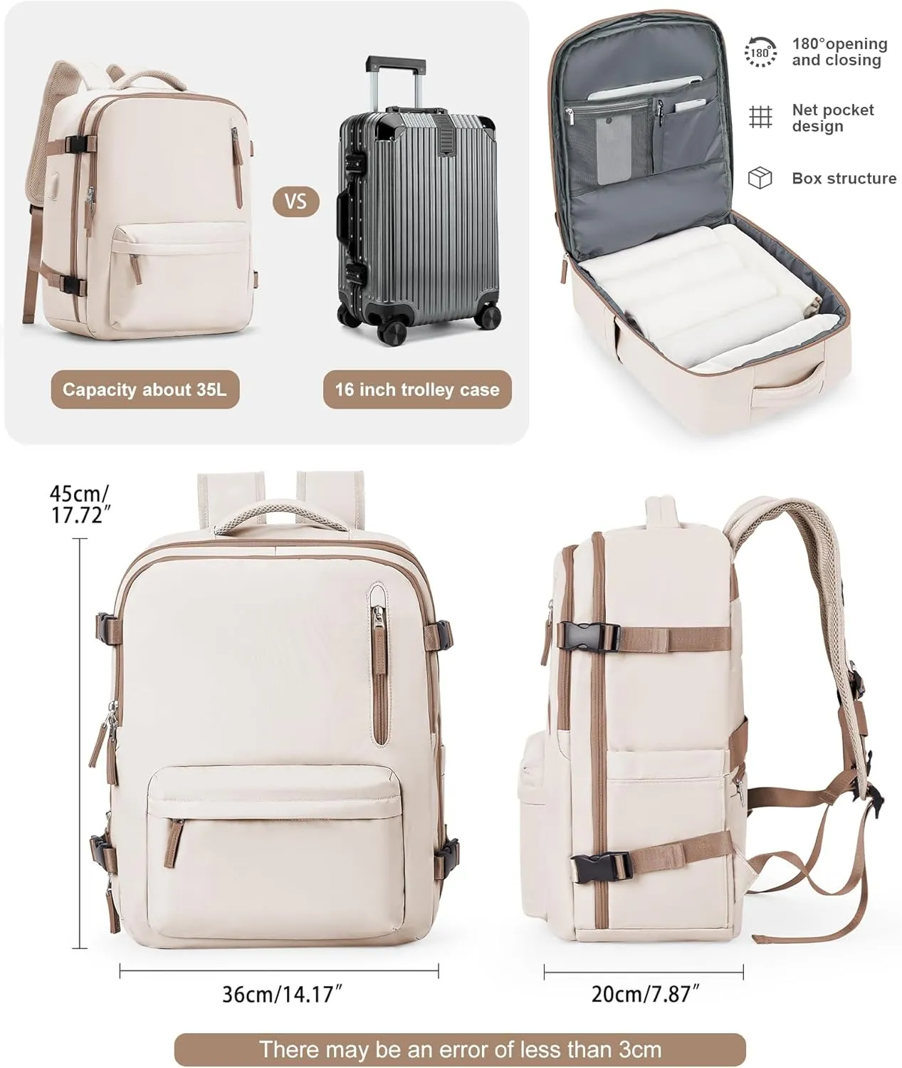 VGCUB Lightweight Travel Backpack for Women Men,Carry on Backpack Flight Approved Luggage,Water Resistant Laptop College Work Backpack Personal Item Daypack Bookbag Mochila de Viaje,Beige with Brown