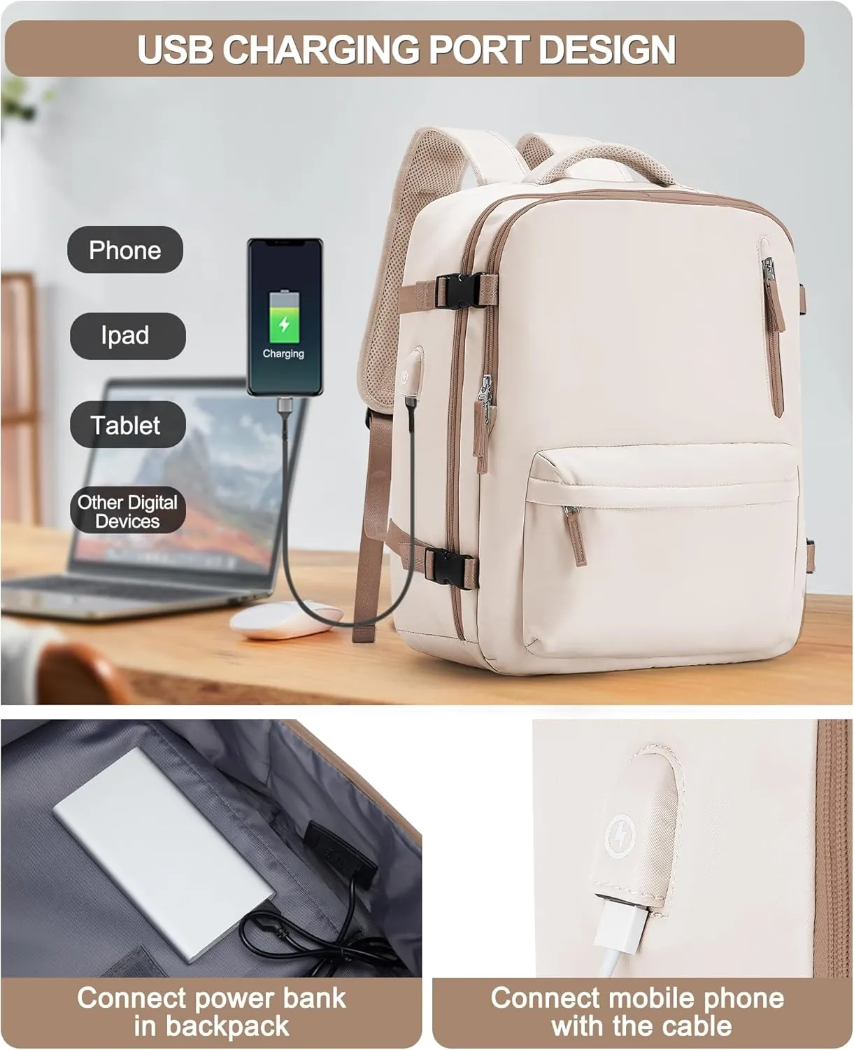 VGCUB Lightweight Travel Backpack for Women Men,Carry on Backpack Flight Approved Luggage,Water Resistant Laptop College Work Backpack Personal Item Daypack Bookbag Mochila de Viaje,Beige with Brown