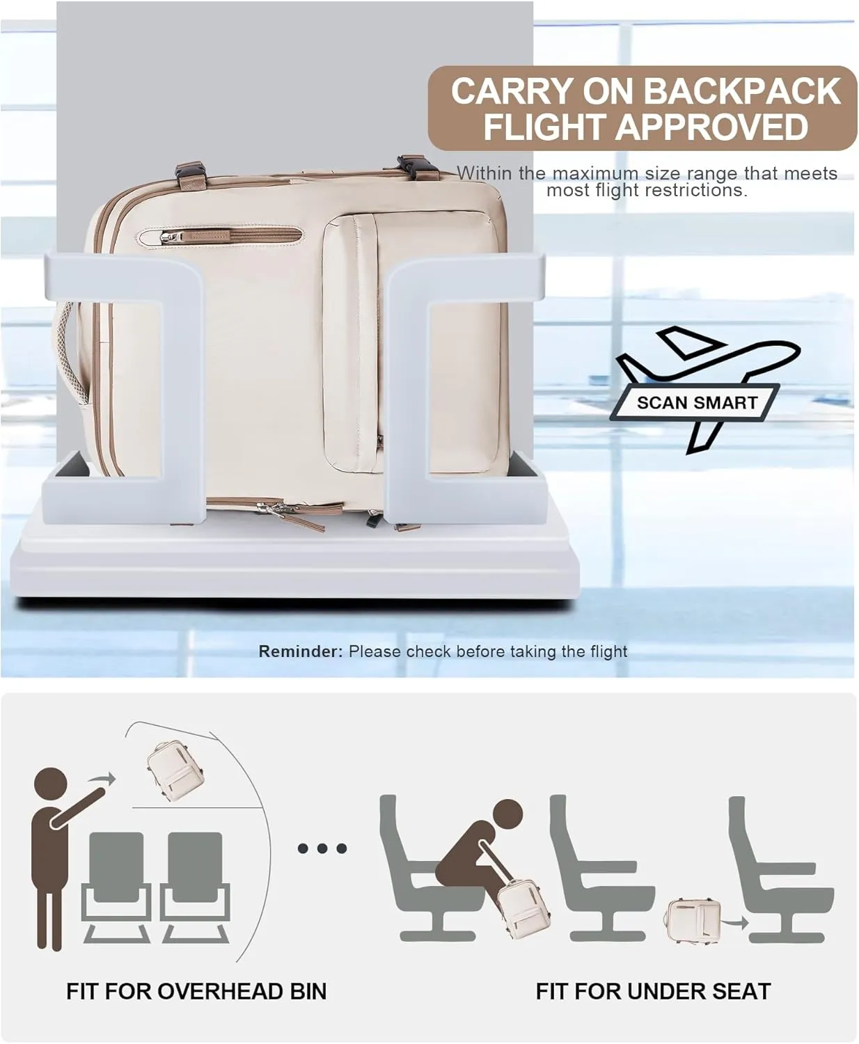 VGCUB Lightweight Travel Backpack for Women Men,Carry on Backpack Flight Approved Luggage,Water Resistant Laptop College Work Backpack Personal Item Daypack Bookbag Mochila de Viaje,Beige with Brown