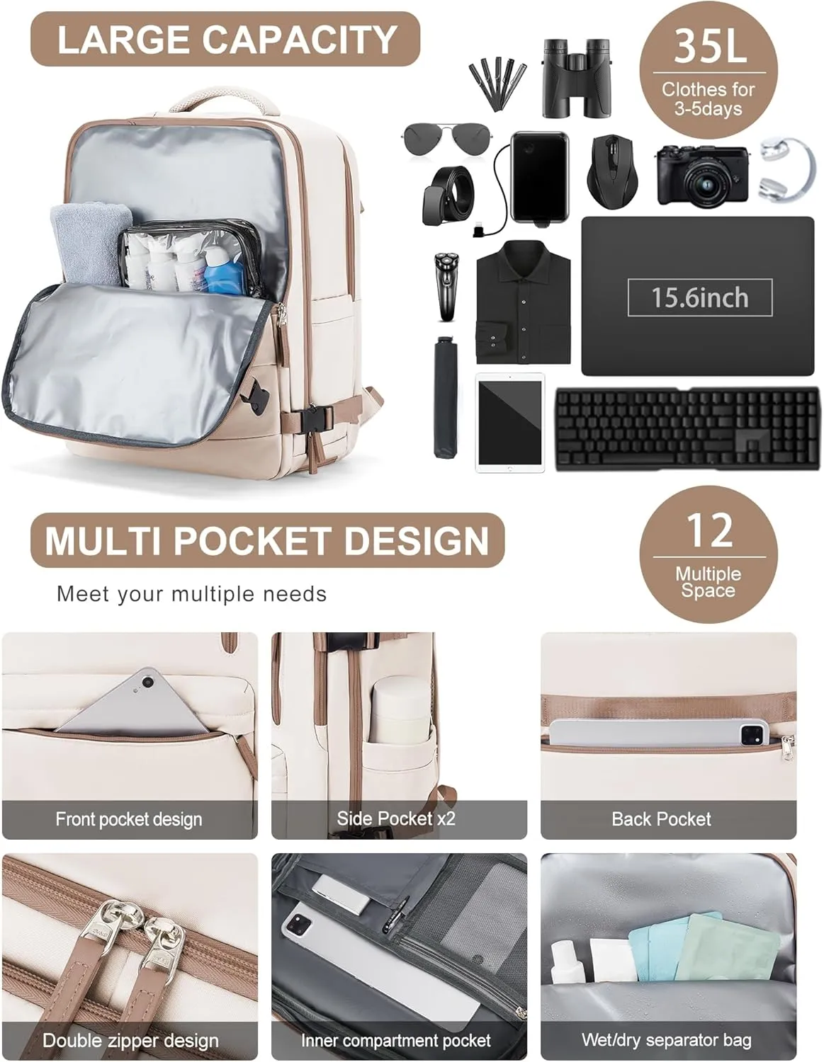 VGCUB Lightweight Travel Backpack for Women Men,Carry on Backpack Flight Approved Luggage,Water Resistant Laptop College Work Backpack Personal Item Daypack Bookbag Mochila de Viaje,Beige with Brown