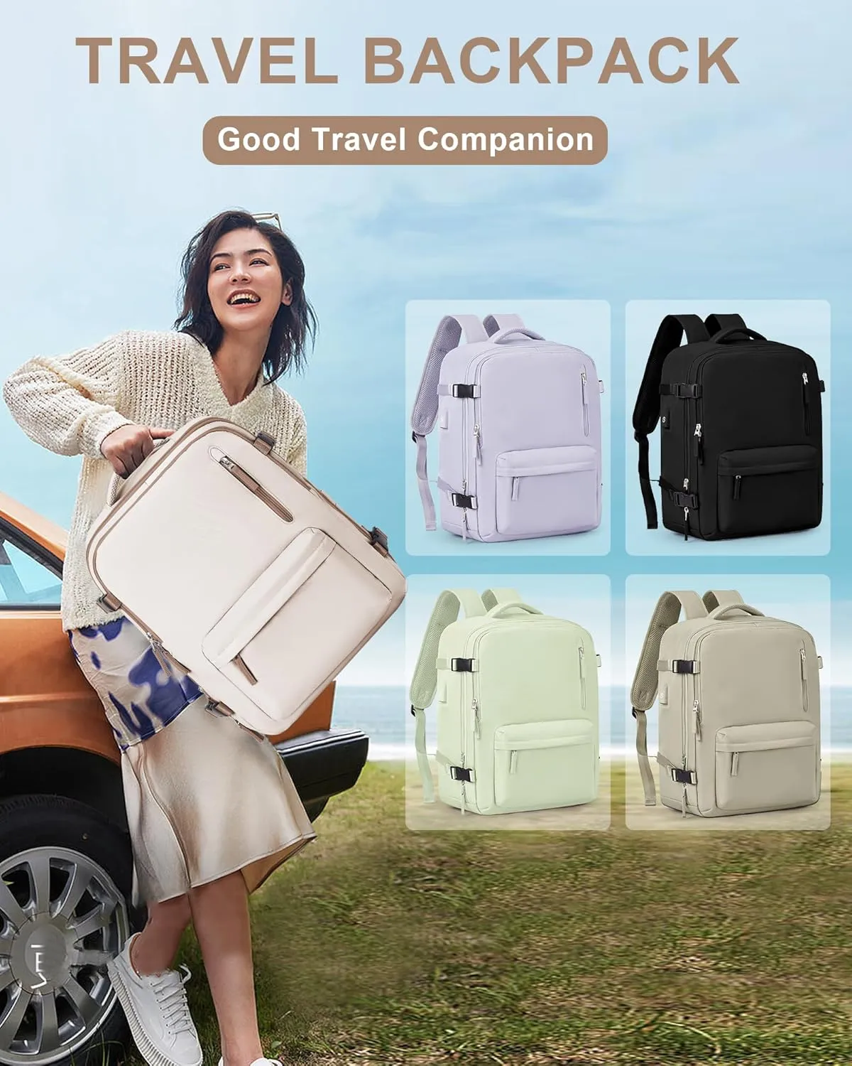 VGCUB Lightweight Travel Backpack for Women Men,Carry on Backpack Flight Approved Luggage,Water Resistant Laptop College Work Backpack Personal Item Daypack Bookbag Mochila de Viaje,Beige with Brown