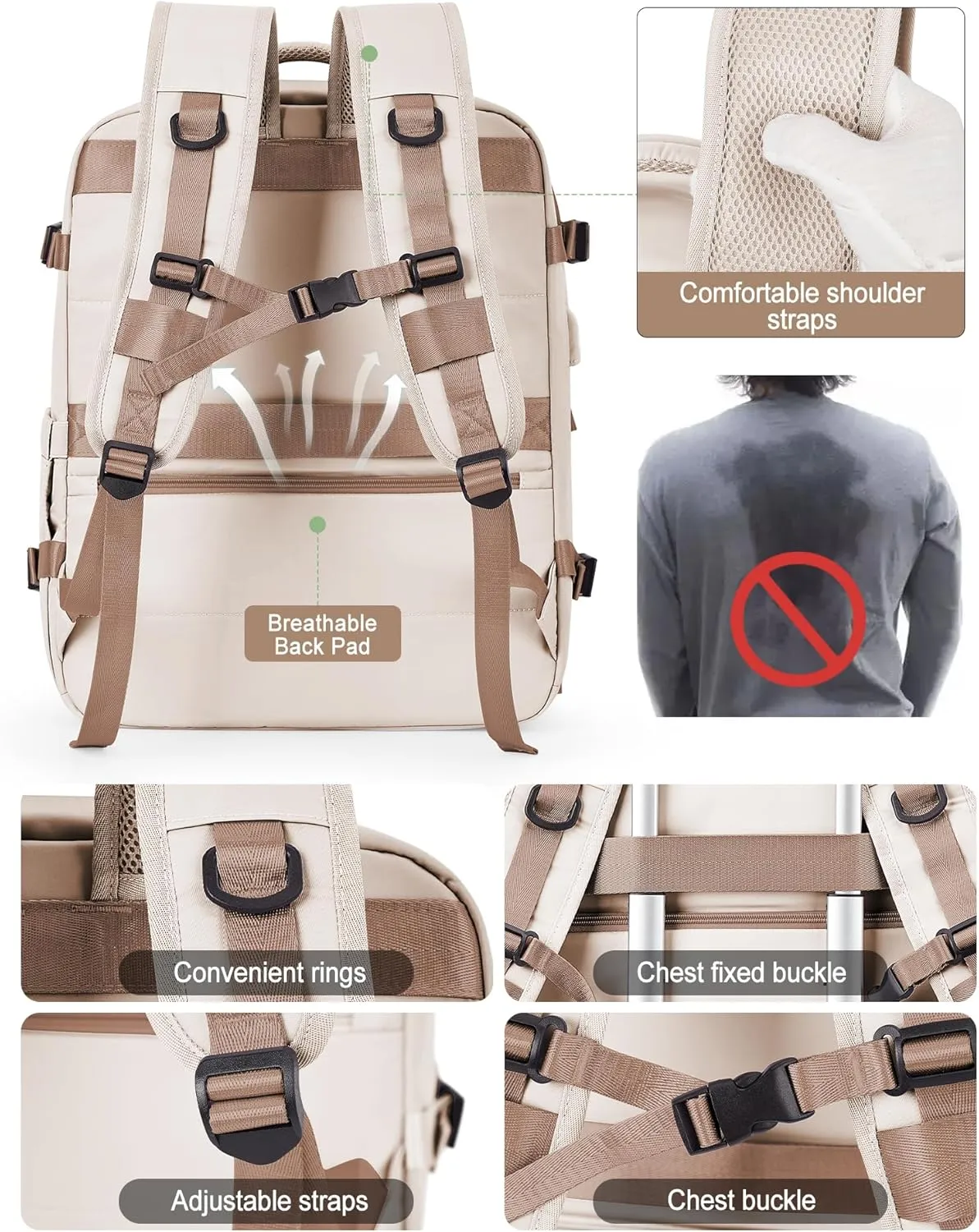 VGCUB Lightweight Travel Backpack for Women Men,Carry on Backpack Flight Approved Luggage,Water Resistant Laptop College Work Backpack Personal Item Daypack Bookbag Mochila de Viaje,Beige with Brown