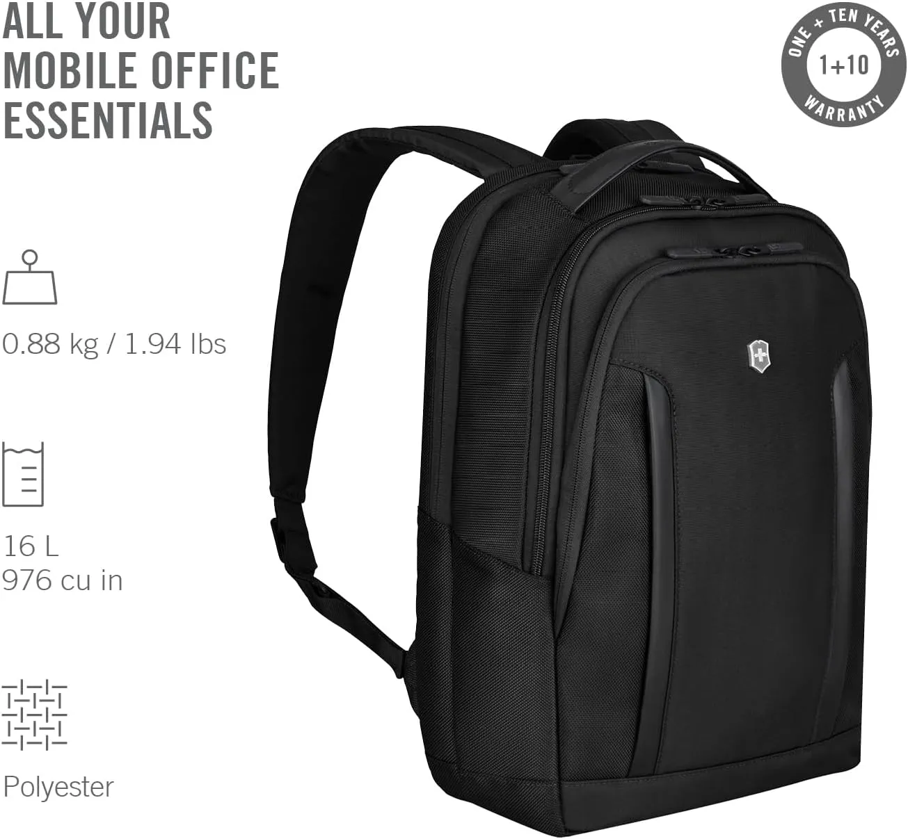 Victorinox Altmont Professional Compact Laptop Backpack - Tablet & Laptop Bag for Travel Accessories - Computer Backpack Includes Sleek Organizer - 16 Liters, Black