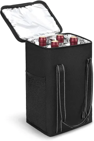 Vina 4 Bottle Wine Carrier - Travel Insulated Wine Carrying Case Cooler Tote Bag with Detachable Divider and Strong Handle, Great for Picnic, Beach Days,Party, Black