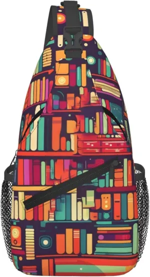 Vintage Bookshelf Sling Bag for Women Men, Educational Crossbody Sling Backpack, Shoulder Chest Pack for Travel Casual Hiking