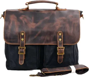 Vintage Canvas Messenger Bag, Crazy Horse Leather, Adjustable Shoulder Strap, Unisex for Work and Travel Large Capacity