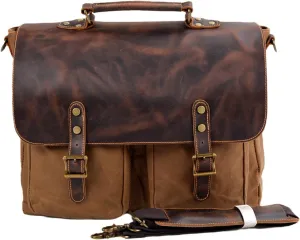 Vintage Canvas Messenger Bag, Crazy Horse Leather, Adjustable Shoulder Strap, Unisex for Work and Travel Large Capacity