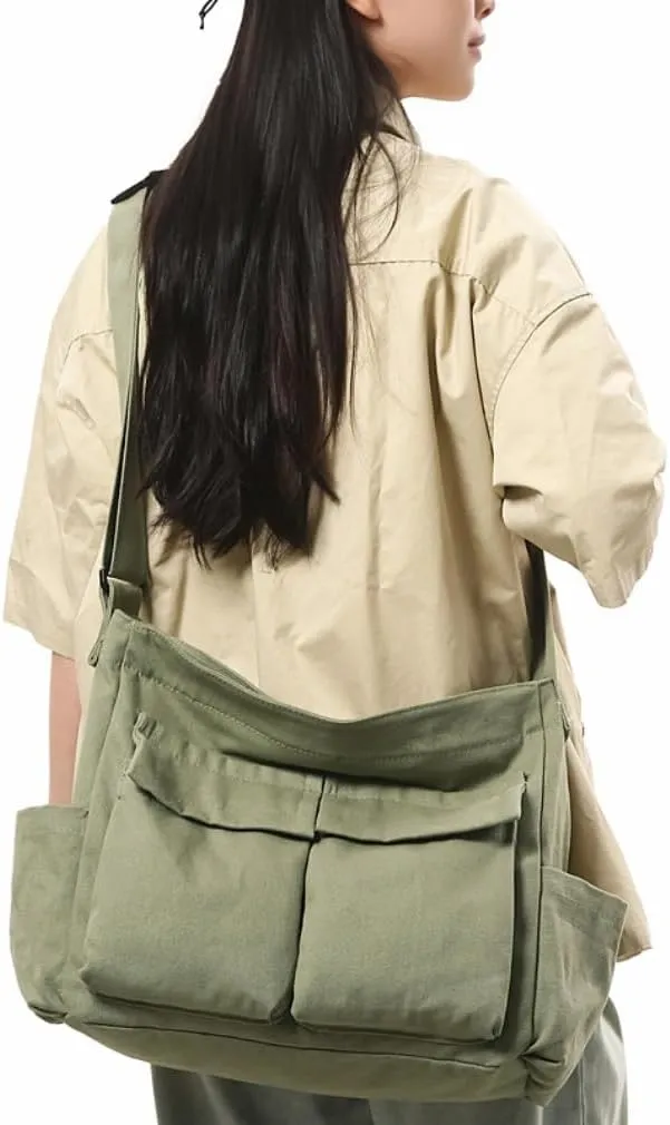 Vintage Canvas Messenger Bag for Women & Men School Large Laptop Bag with Multiple Pockets Shoulder Tote Bag