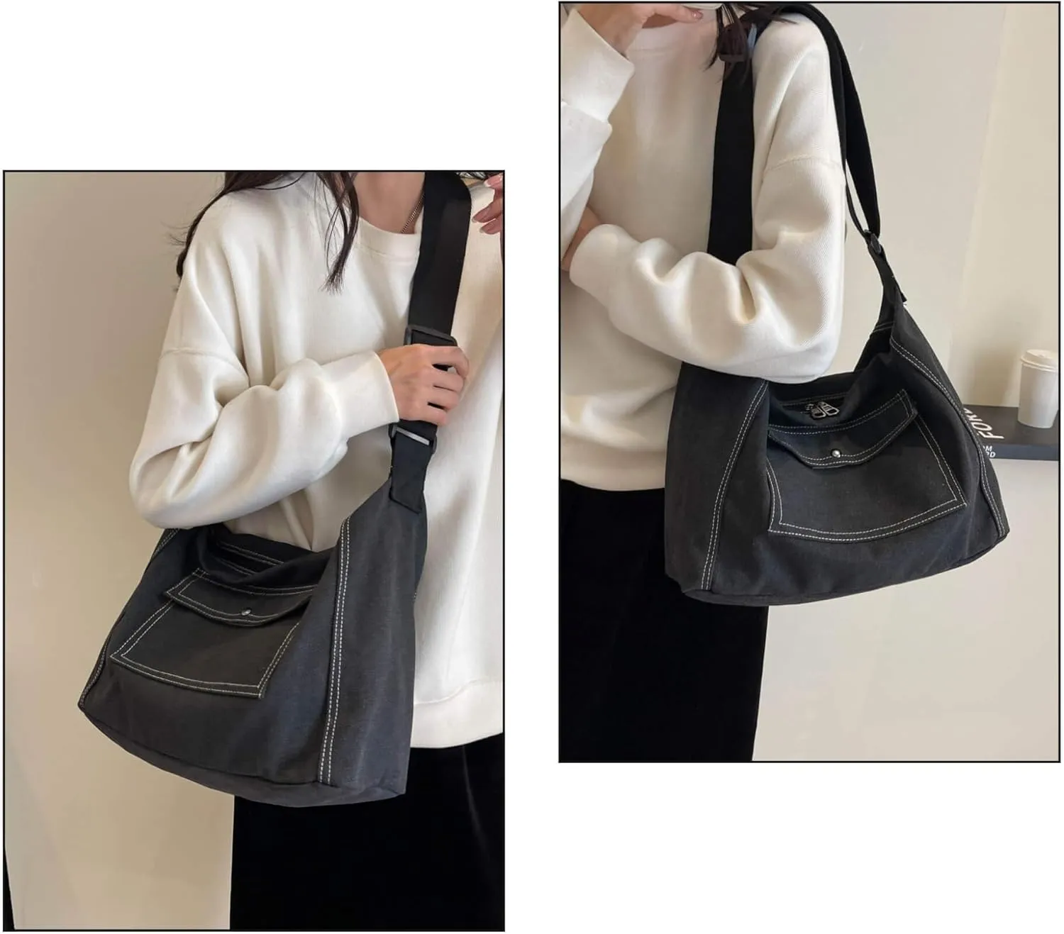 Vintage Canvas Messenger Bag for Women, Hippie Crossbody Hobo Purse with Multiple Pockets